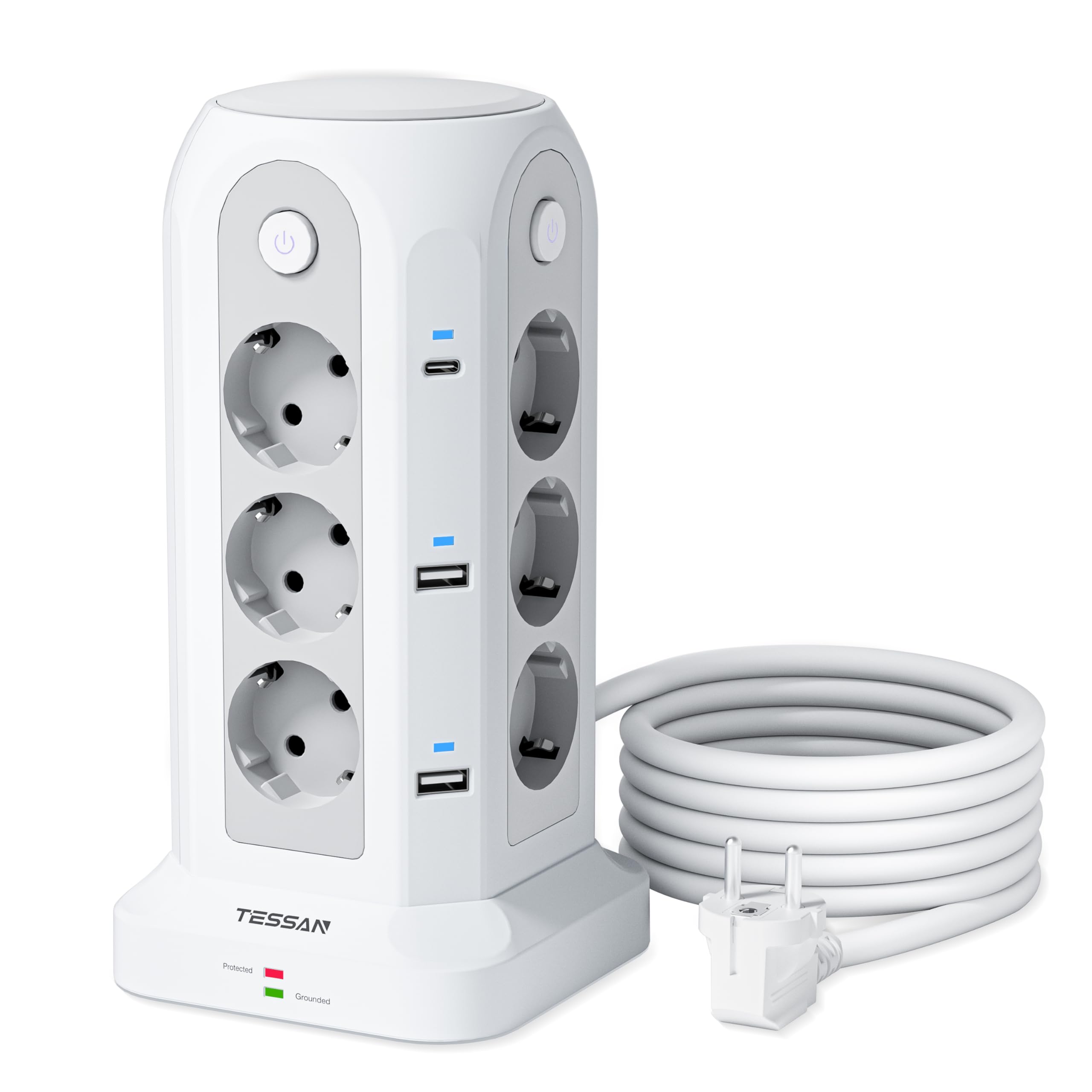 TESSAN Ciabatta Multipresa 12 Schuko con 6 USB, Torretta Multipresa con Interruttore e Prolunga Elettrica 5 Metri, 15W Ricarica rapida per Phone, Pad, Adattatore EU per Ufficio, Casa, Bianca