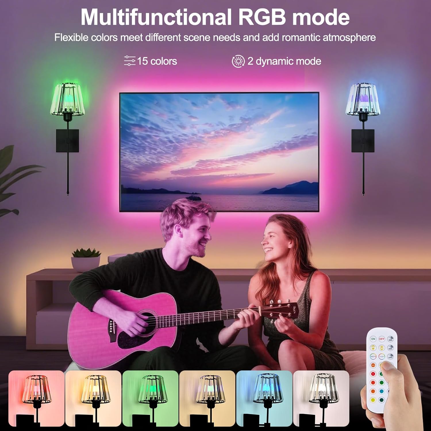 Battery Operated Crystal Wall Sconces Set of 2,Black Rechargeable Wireless Wall Sconces with USB Dimmable 15 Colors Modes Led Wall Lights, Wall Lamp for Bedroom Living Room Entryway ,2 Bulbs Included