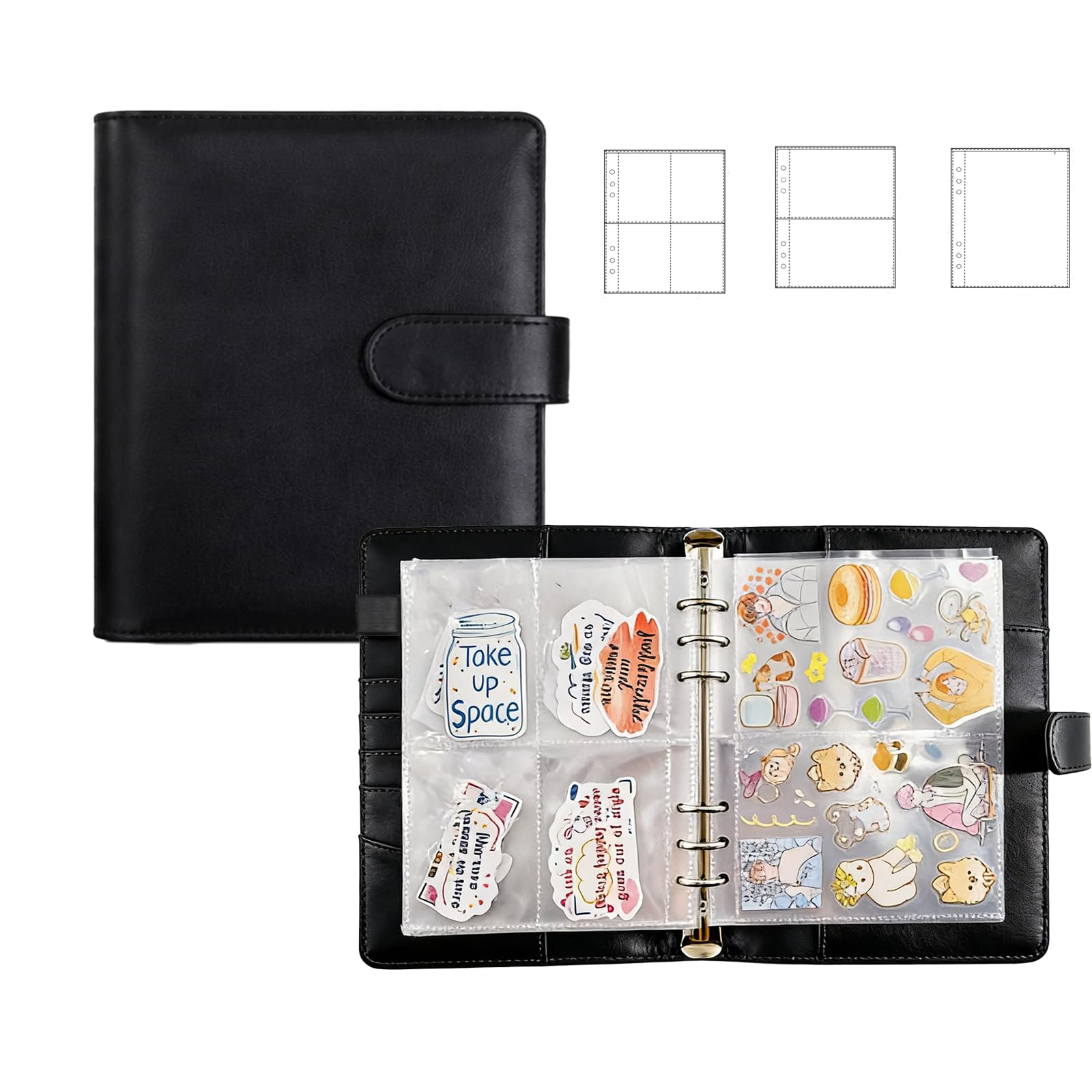 Sticker Binder Organizer with Storage Sleeves,Reusable Stickers Collecting Book Album Holder, A5 Blank Sticker Container Organizer-Black
