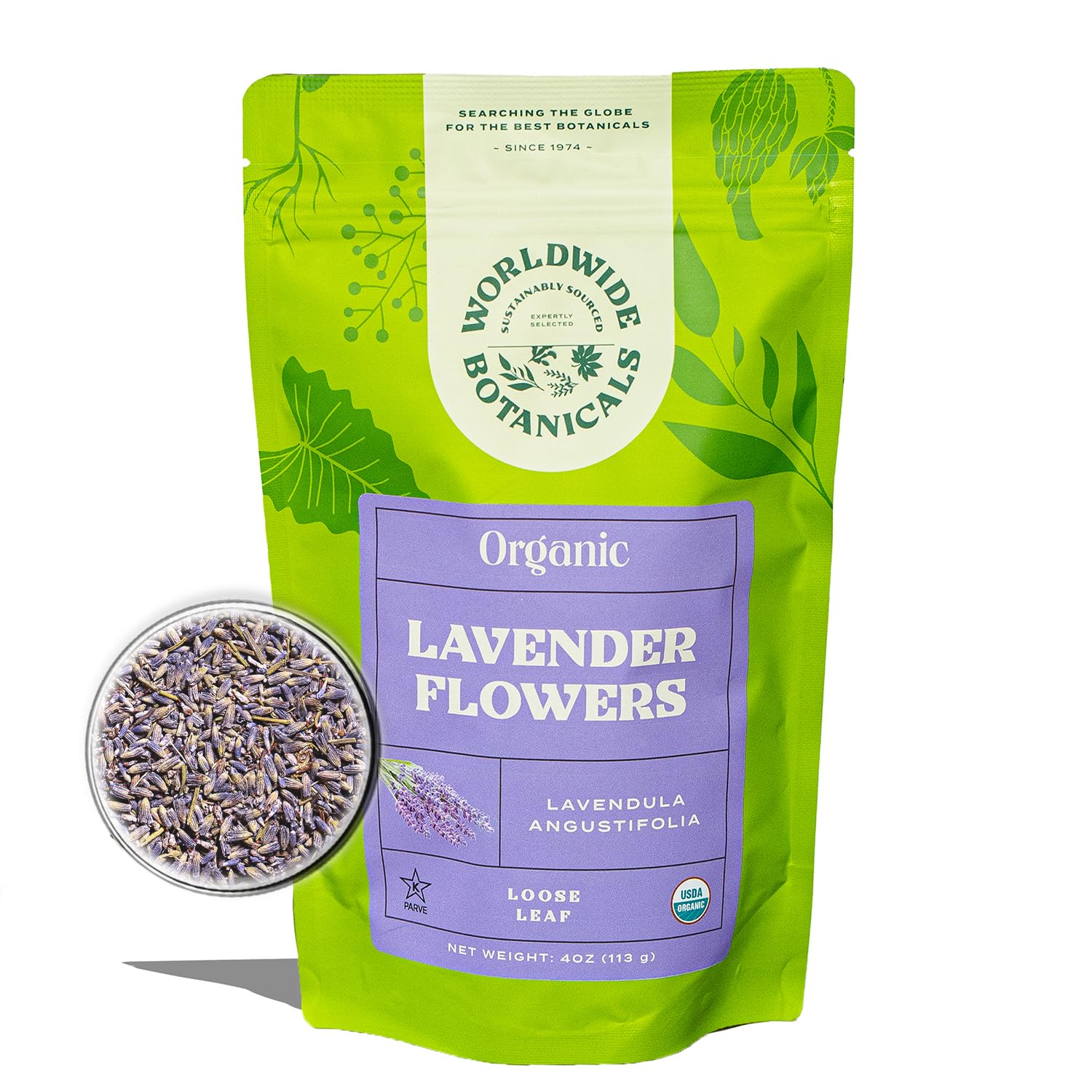 Worldwide Botanicals Organic Lavender Flowers, 4 ounces, Pure European Lavender buds, Perfect for Aromatherapy, Sachets, Wedding celebrations, Tea flavoring, Eye pillows Scenting The HomeUSDA Organic