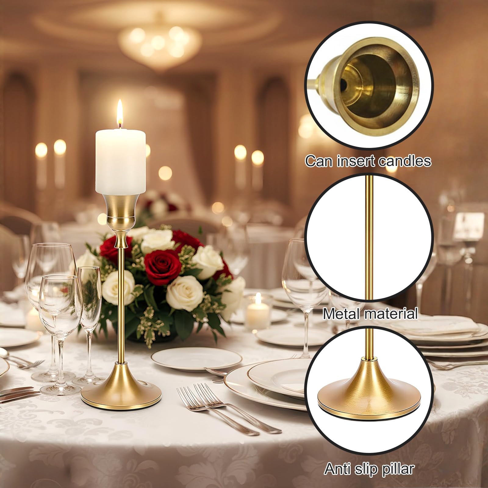 Set Di 36 Portacandele Dorati Per Candele Coniche, 3 Altezze (24, 29, 33,7 Cm), Base Rotonda, Per Matrimoni E Centrotavola - 6