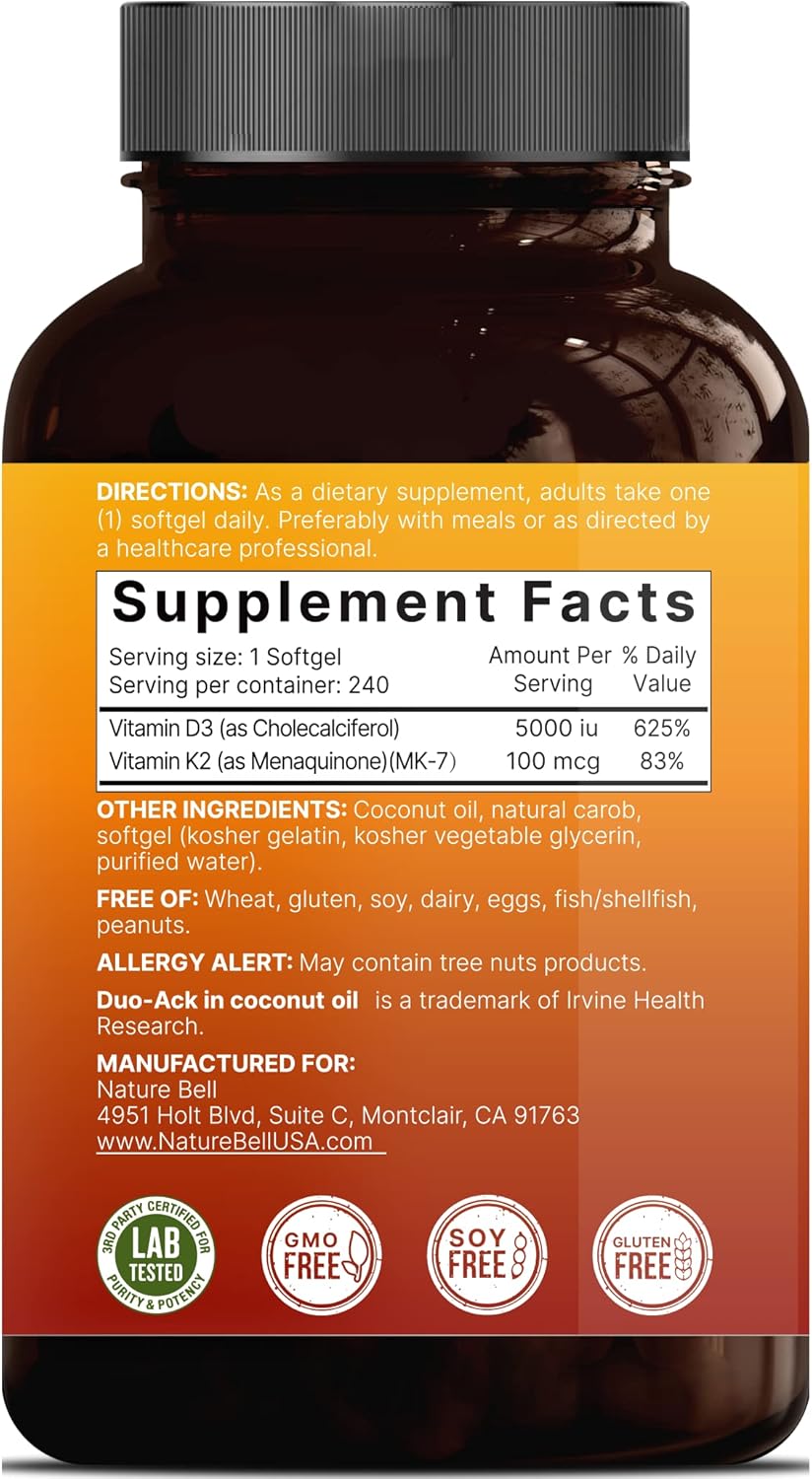 Vitamin D3 5000 IU & K2 MK7 100mcg, Infused with Virgin Coconut Oil, 240 Softgels, 8 Months Supply, 2 in 1 Formula, Duo-Ack Vitamin D3 K2, Third-Party Tested | Non-GMO | No Gluten : Health & Household