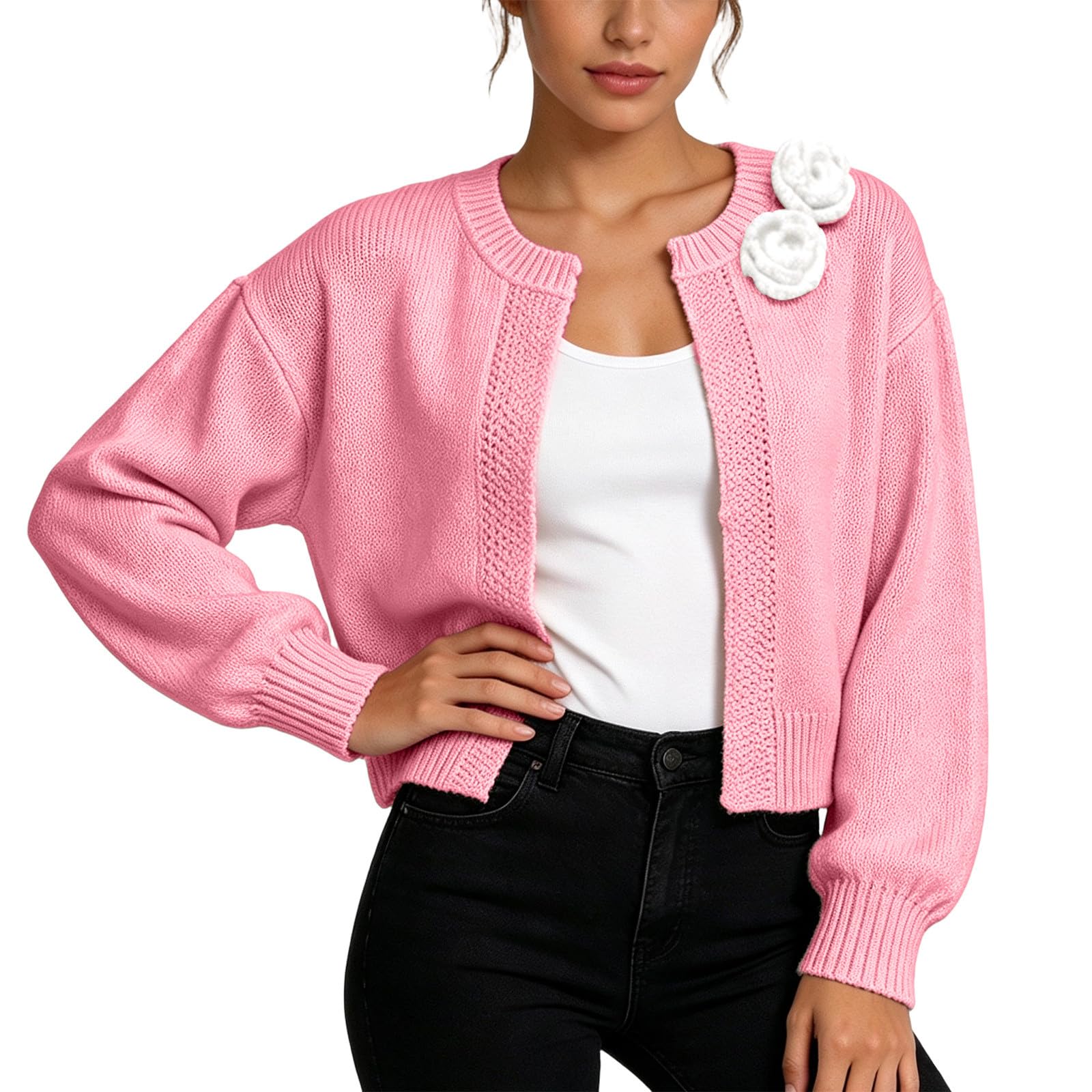 Generisch Strickjacke Damen Weiss Grobstrick Cardigan mit offener Vorderseite und floralen Verzierungen locker geschnittene Freizeitjacke