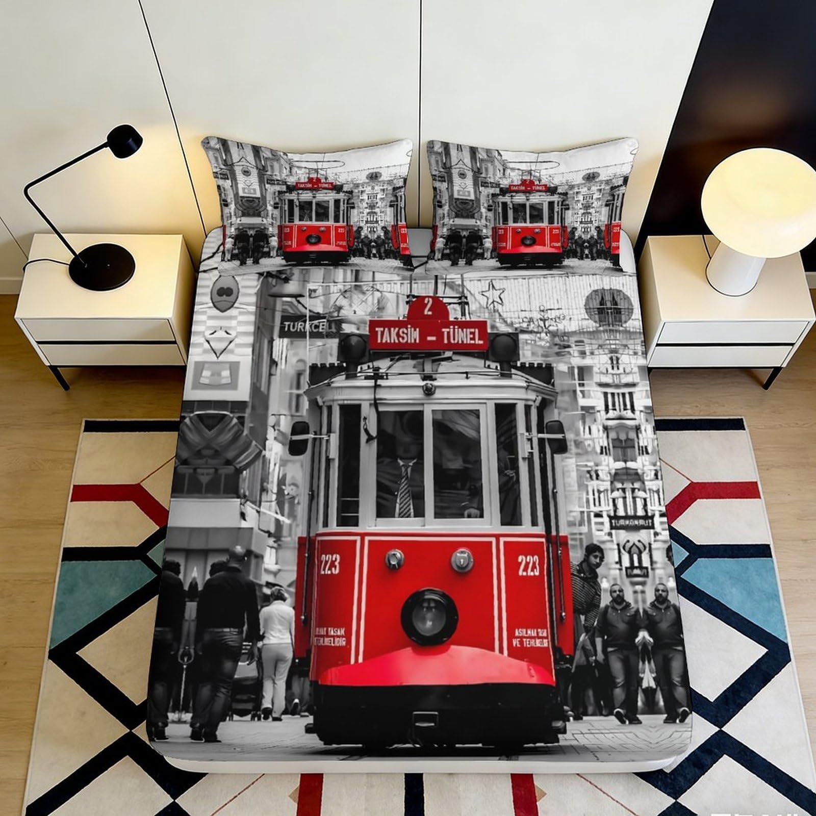 3D Printed Red Tram City Fitted Sheet Microfiber Urban Street Bed Cover for Bedroom Dorm Easy Care Decor 90x200x25cm