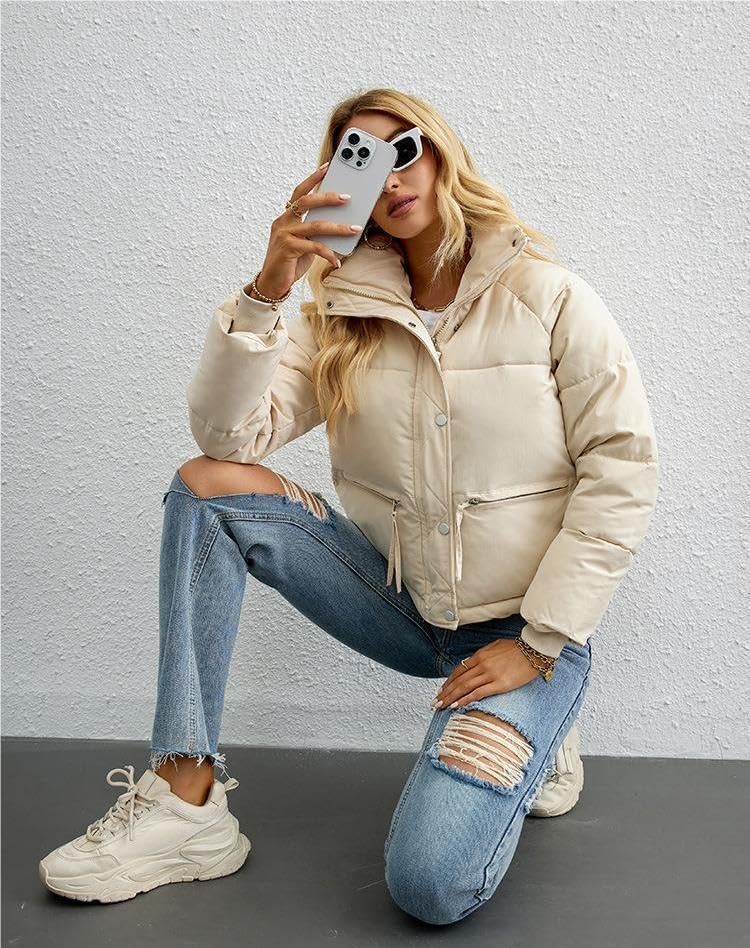 Women's Cropped Puffer Jacket Stand Collar Winter Warm Puffy Quilted Jackets Coats - Image 5