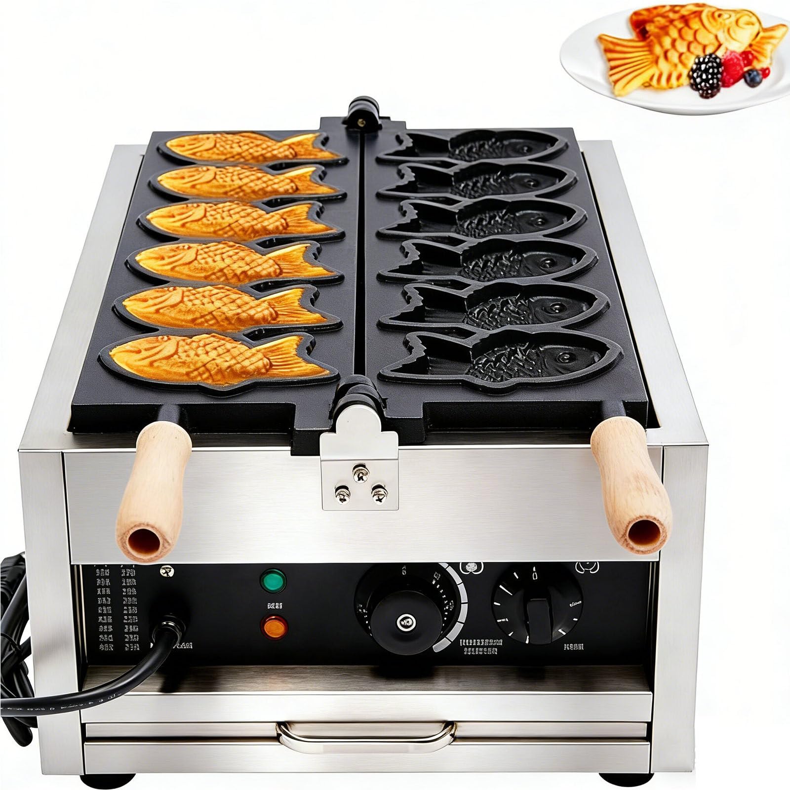 Máquina Eléctrica Taiyaki para Helado 3000w,con Diseño Doble Fila,6 Tablas Y Fuente para Hornear Teflón Antiadherente,Temperatura Ajustable 50 a 300 °c,180 ° Uniforme
