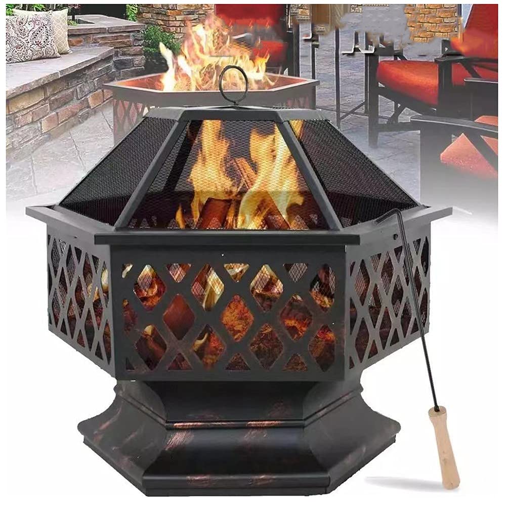 Fogatas Al Aire Libre de 24 Pulgadas, con Forma Hexagonal para Fuego, Hexagonal para Fuego, con Cubierta de Pantalla de Chispas para Patio Trasero, Jardín, Patio