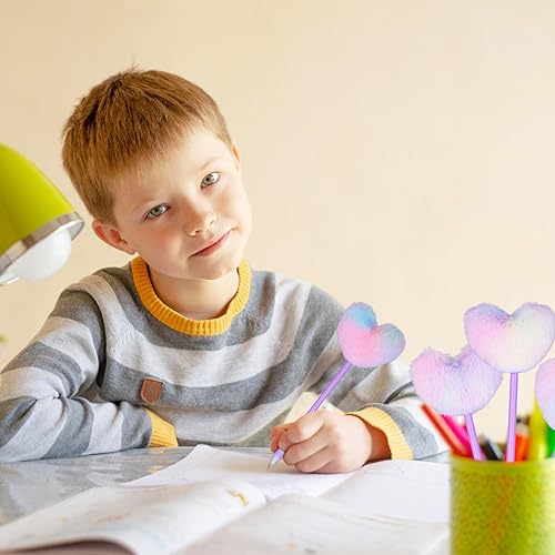 Miniatura 6 de PEUTIER 4 bolígrafos mullidos con pompones, bolígrafos esponjosos en forma de corazón de teñido anudado para niñas, bolígrafos de felpa suave con
