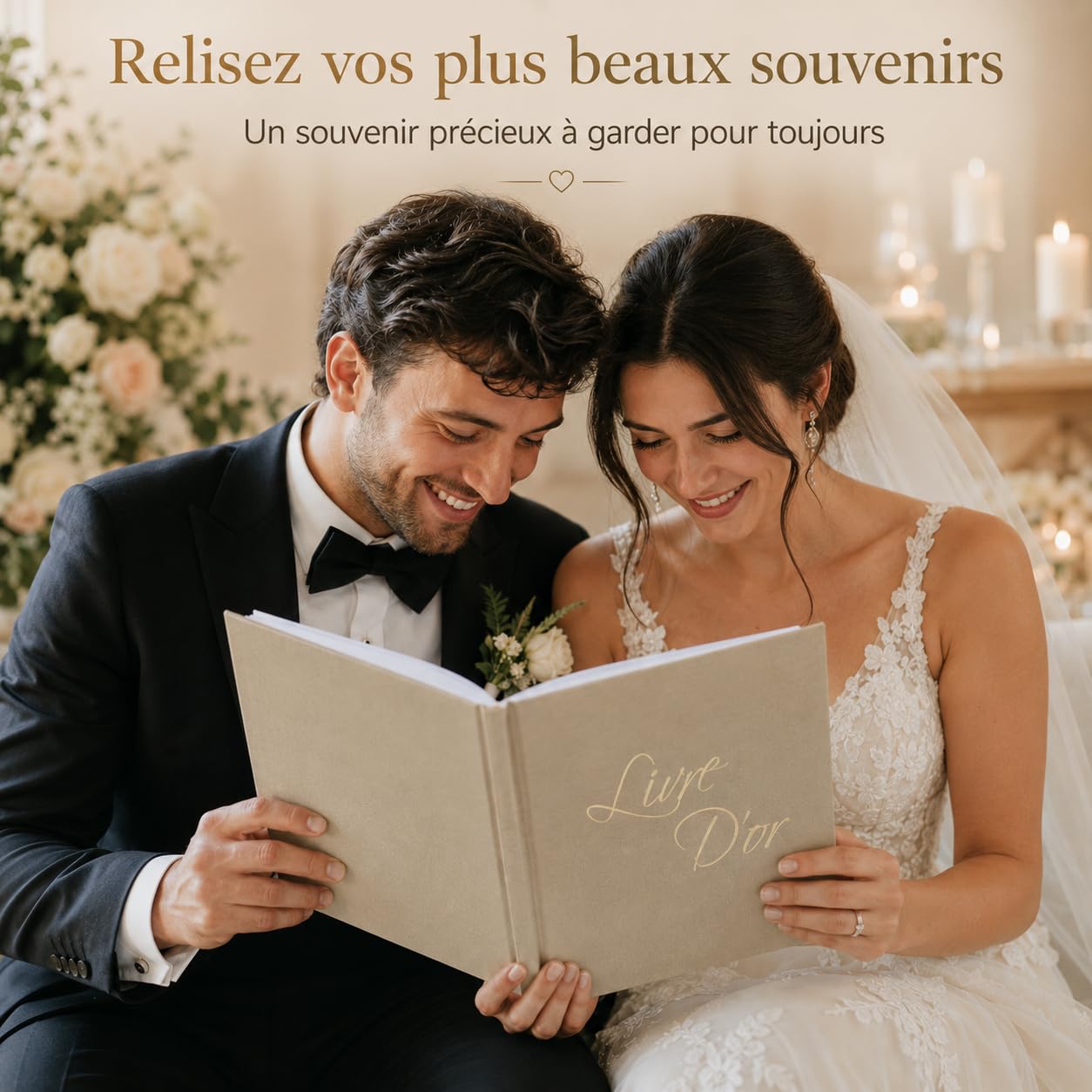 Livre d'Or Lin Beige 21x21 cm 100 Pages Blanches Stylo et Affiche Mariage Anniversaire Baptême
