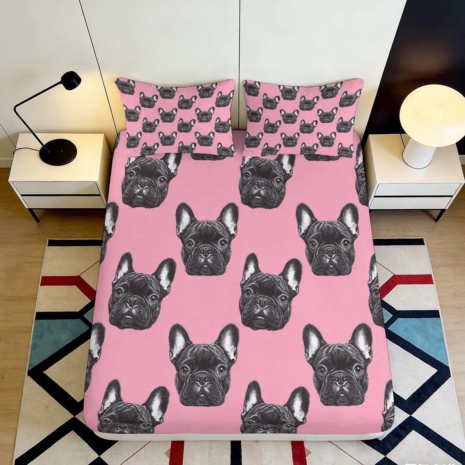 3D Printed French Bulldog Pattern Fitted Sheet Microfiber Soft Durable Pink Dog Face Bed Sheet Mattress Cover for Bedroom Dormitory Guest Room 180x200x25cm
