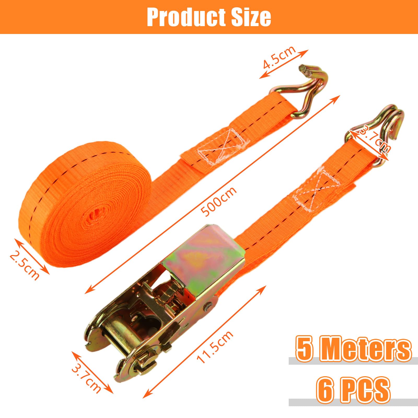 6 cinghie a cricchetto resistenti con ganci, 5 m x 25 mm, cinghie con resistenza alla rottura 800 kg, piccola cinghia regolabile a cricchetto per furgoni, moto, camion e rimorchi