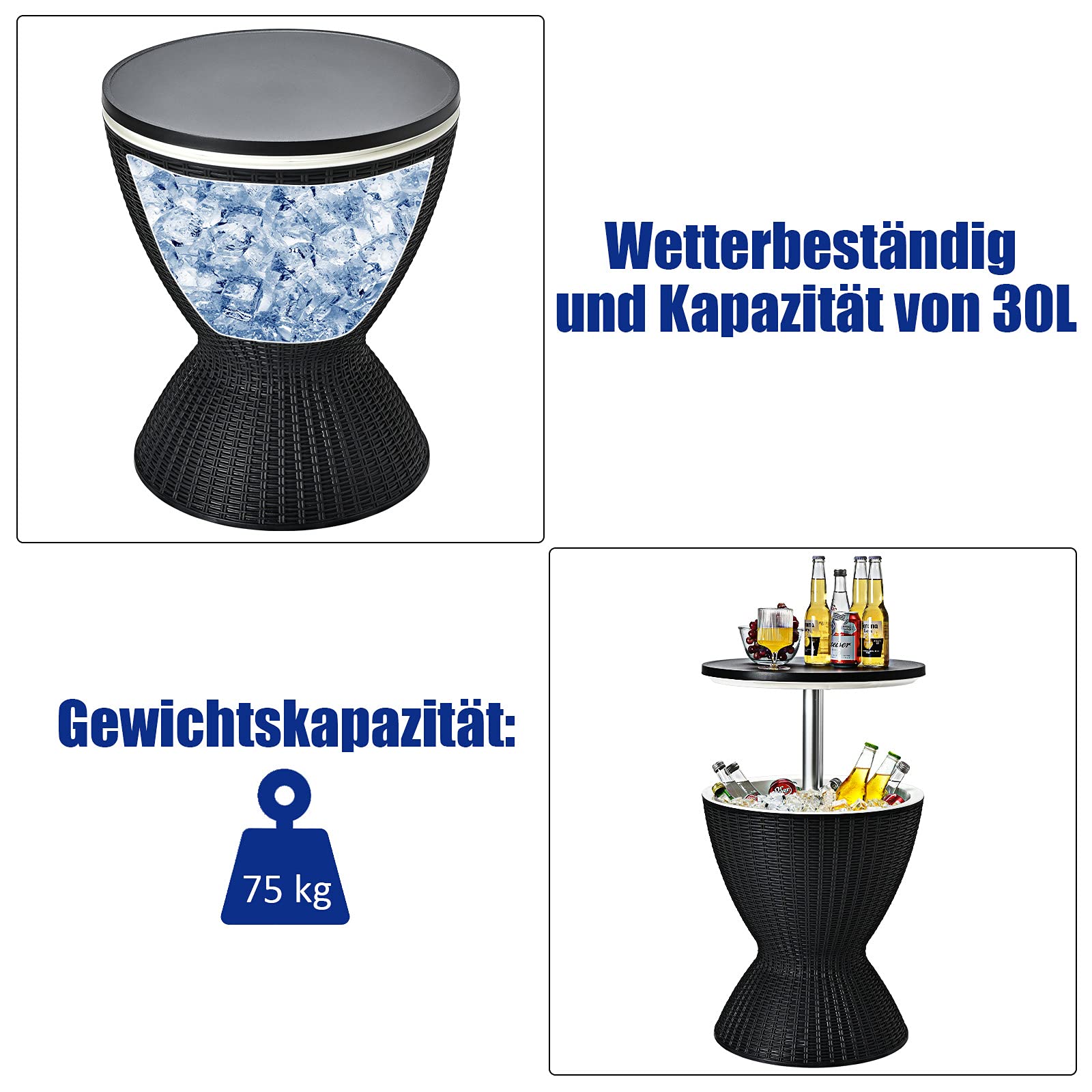 RELAX4LIFE 3 in 1 Beistelltisch Outdoor, Kühltisch in Rattanoptik, Getränkekühler höhenverstellbar, 30 L Cool Bar mit abnehmbarem Deckel & Abflussloch, bis 75kg belastbar, für Party & Camping, Schwarz