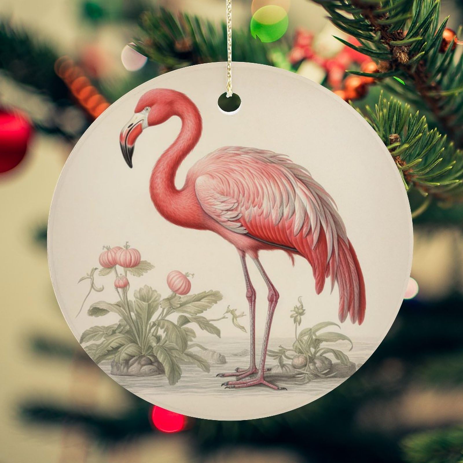 Art Flamingo Christmas Ornament for Christmas Tree Ceramic Round Ornament Winter Holiday Keepsake Gift 2.7" Christmas Tree Hanging Decorations Circle Ceramic Pendant Xmas Gift