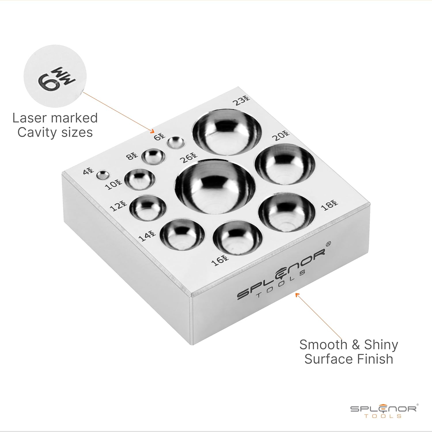 Splenor Tools Steel 11 Cavity Flat Dapping Doming Block - for Jewelry Making - Metal Forming Tool - Shaping Die