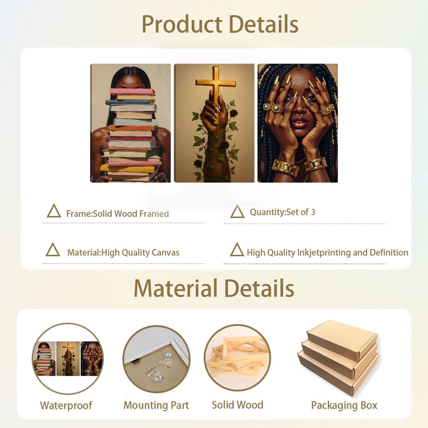 3 Pcs Black Women Canvas Wall Art African American Painting Poster Wall Decor Cross Books Pictures for Living Room and Girl's Bedroom Room Decoration 16*24 in(Stretched Canvas on A Wooden Frame)