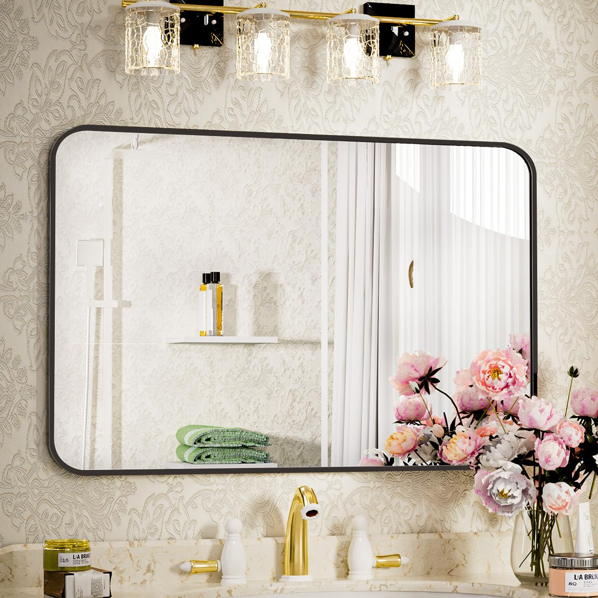 VooBang 26 x 38 inch Bathroom Mirror, Black Frame Mirror for Wall, Modern Round Corner Wall Mirror for Bedroom, Living Room, Horizontal or Vertical