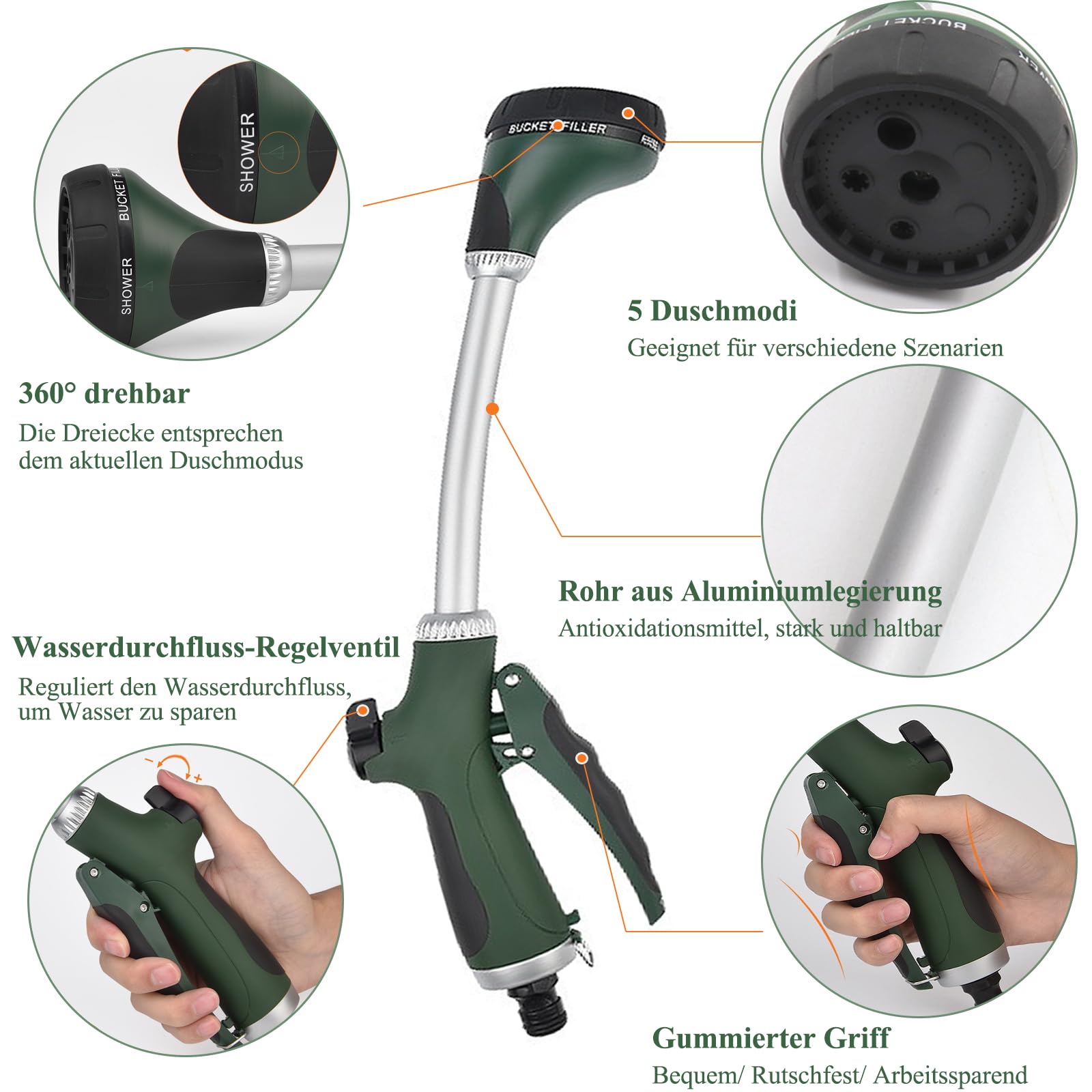 Pommeau De Douche Jardin Long Avec Manche - 5 Types De Jets - Contrôle Du Débit - 40 Cm