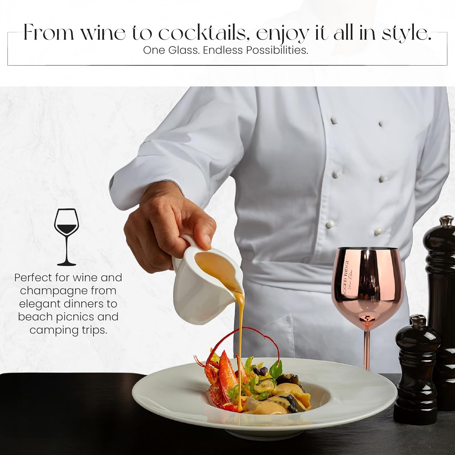 Jagged Ridge Wine Rooms Rose Gold Stem Steel Wine Glass (Handwash Only) - Stainless Steel Glasses for Parties, Picnics & Special Occasions - Crafted for All Wine Enthusiasts - Set of 4 (Rose Gold) - Image 5