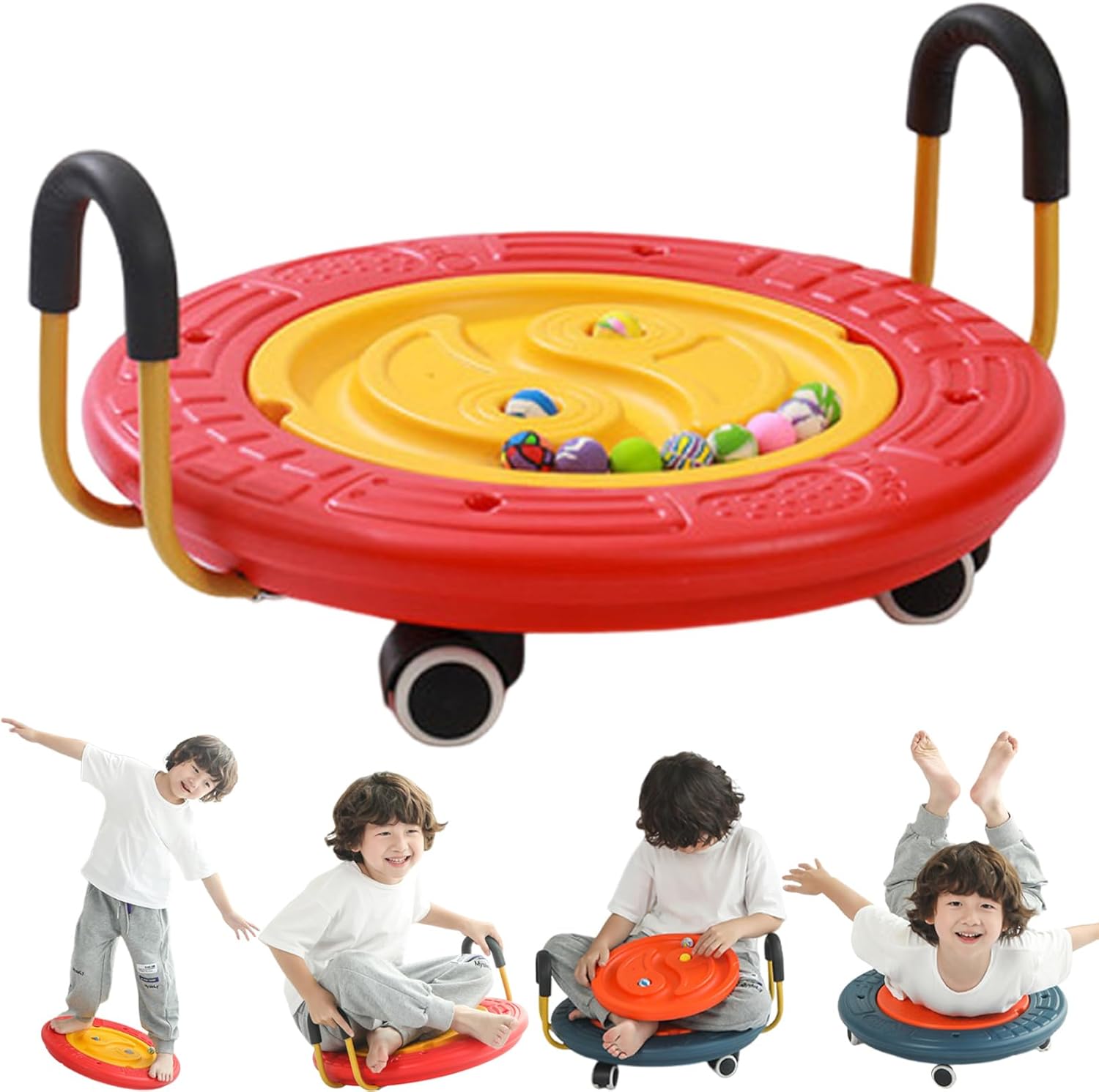 Balance Board for Kids, 4-in-1 Scooter Board with Handles, Plastic Labyrinth Wobble Board with 5 Balls, Toddler Sensory Wobble Disk for Vestibular Exercises, Autism Kids Physical Therapy Toy,Red