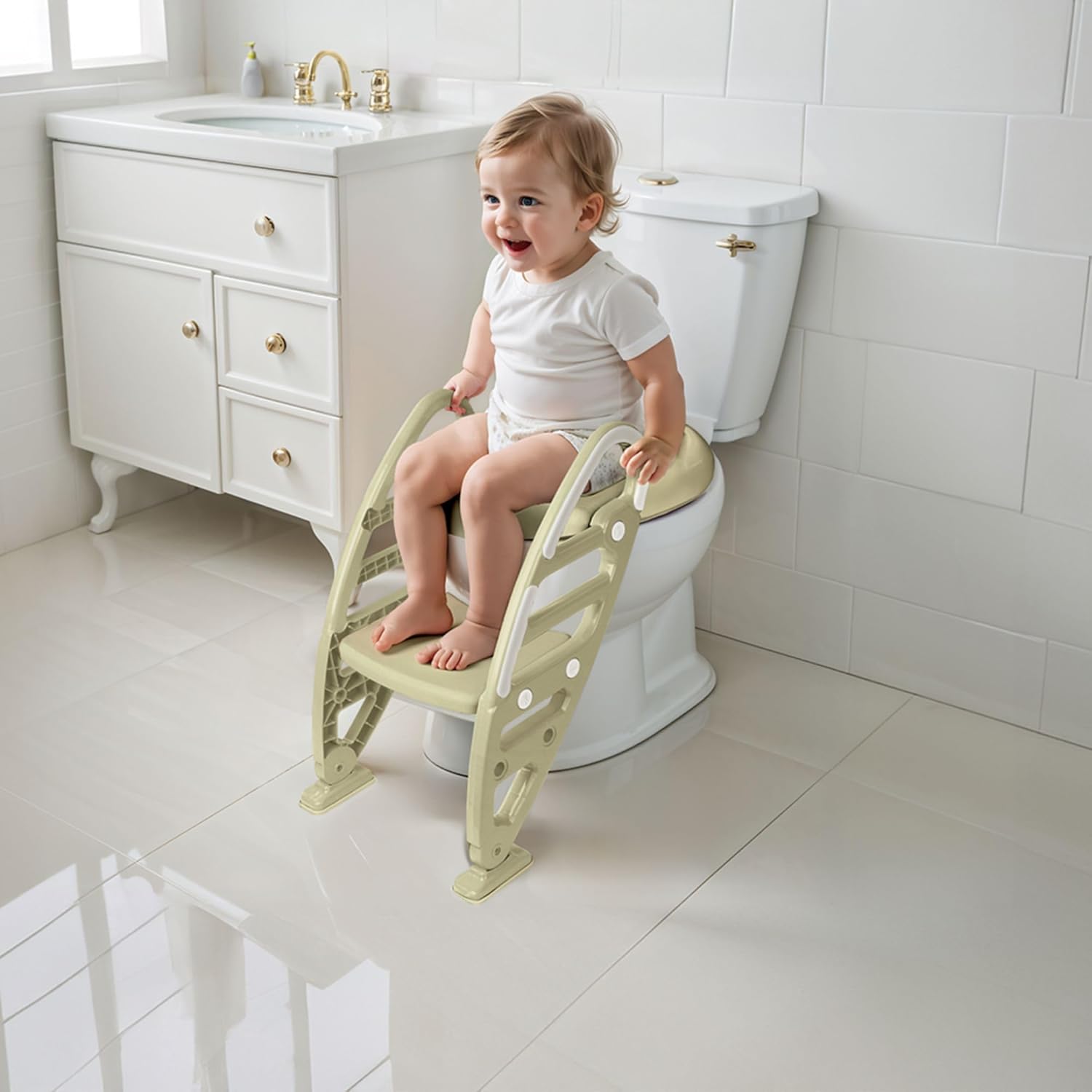 Toilet Training Seat with Ladder, Potty Chair with Non-Slip Steps and High Splash for Kids and Toddlers 2+, Fits Round Toilets, Eco Green
