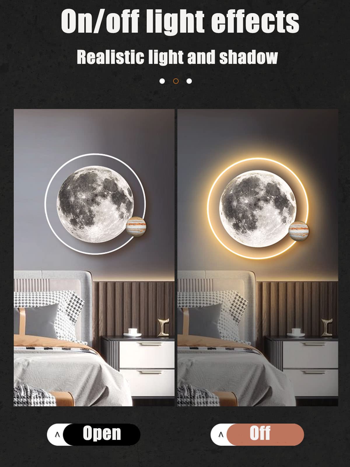 Lampada da parete a LED a forma di luna, lampada 3D con telecomando, funzione di regolazione dell'intensità luminosa, rotonda, ideale da posizionare accanto al letto per la cameretta dei bambini, 15W