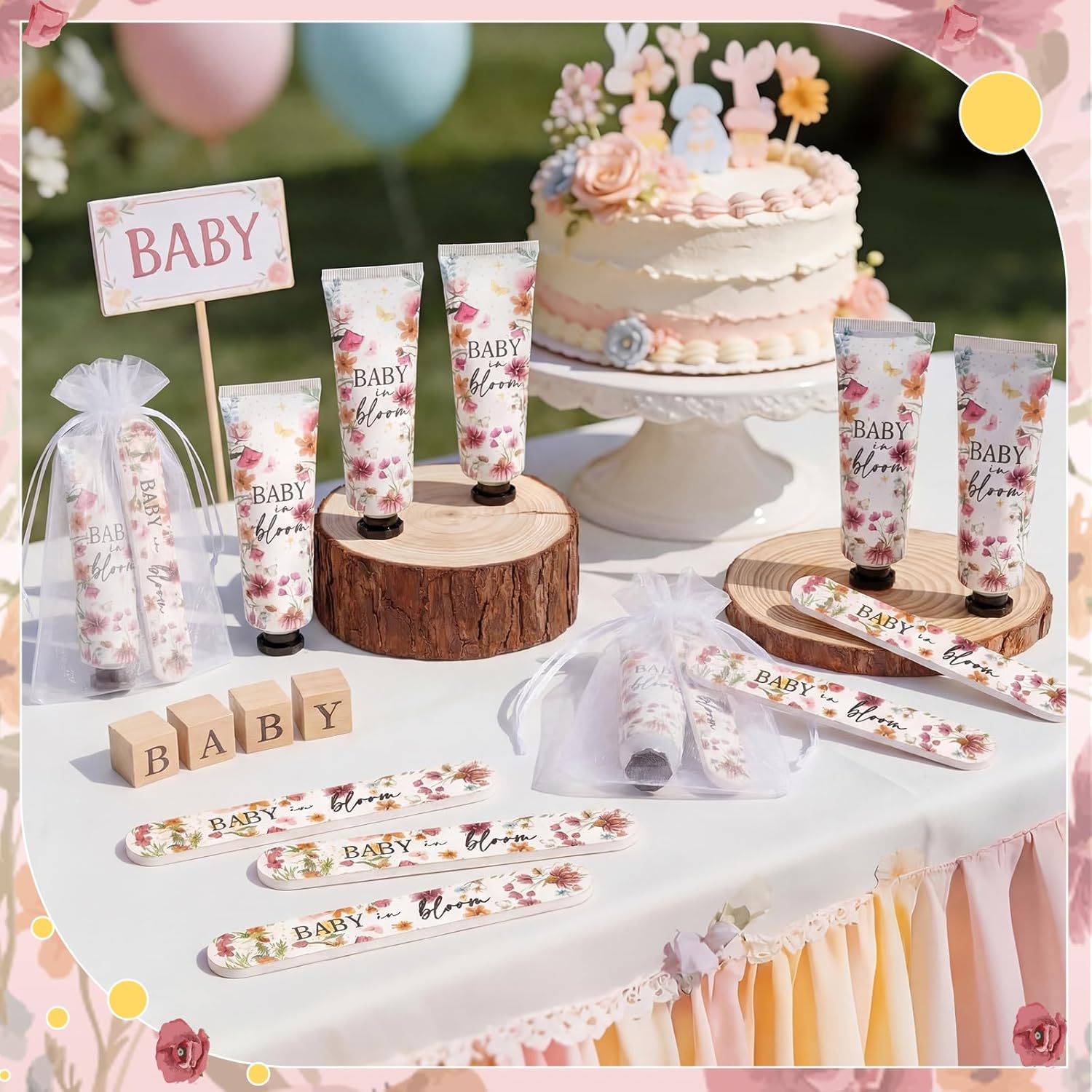 Landhoow 24 Sets/ 72 Pcs Baby in Bloom Baby Shower Hand Cream Nail File Gift Bulk Wildflower Favors for Guests Travel Size Thank You Gifts Organza Bags Birthday Decoration Souvenir for Winner Guests