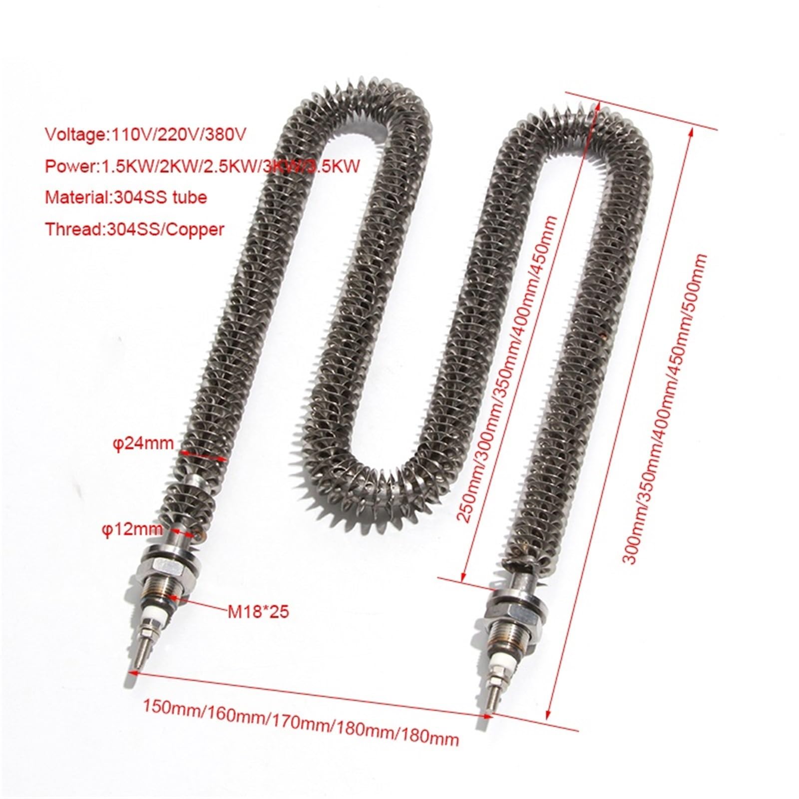 Elemento calefactor de aleta en forma de M de 220 V SS304 1500 W 2000 W 2500 W 3000 W 3500 W Resistencia del calentador eléctrico 1 unidad (ciruela)