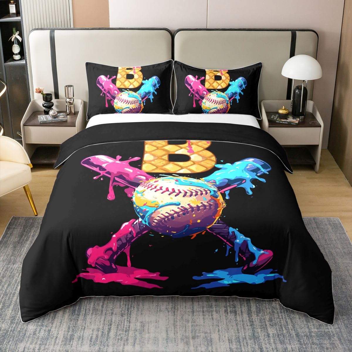 Homewish Gry baseballowe pościel podwójne łóżko zestaw lody litera B bawełna poszewka na kołdrę piłka gamingowa poszewka na kołdrę, sport baseball monogram zestawy łóżek