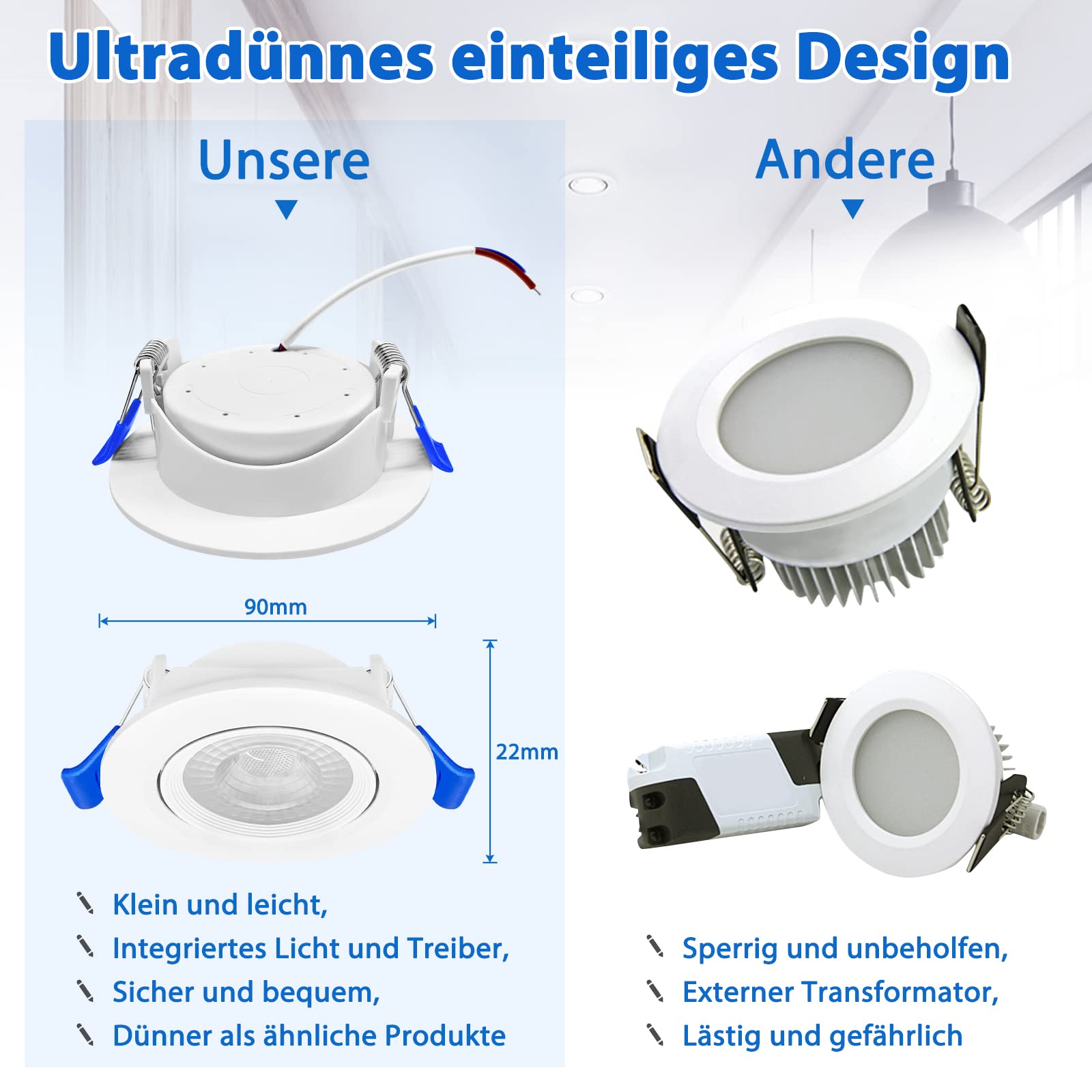 UISEBRT Lot de 20 Spot LED Encastrable Extra Plat 5W, Spot LED Lampe Plafonnier avec profondeur d'installation de 30 mm, Spot Encastré pour Salle de Bain, pour plafond, Blanc froid