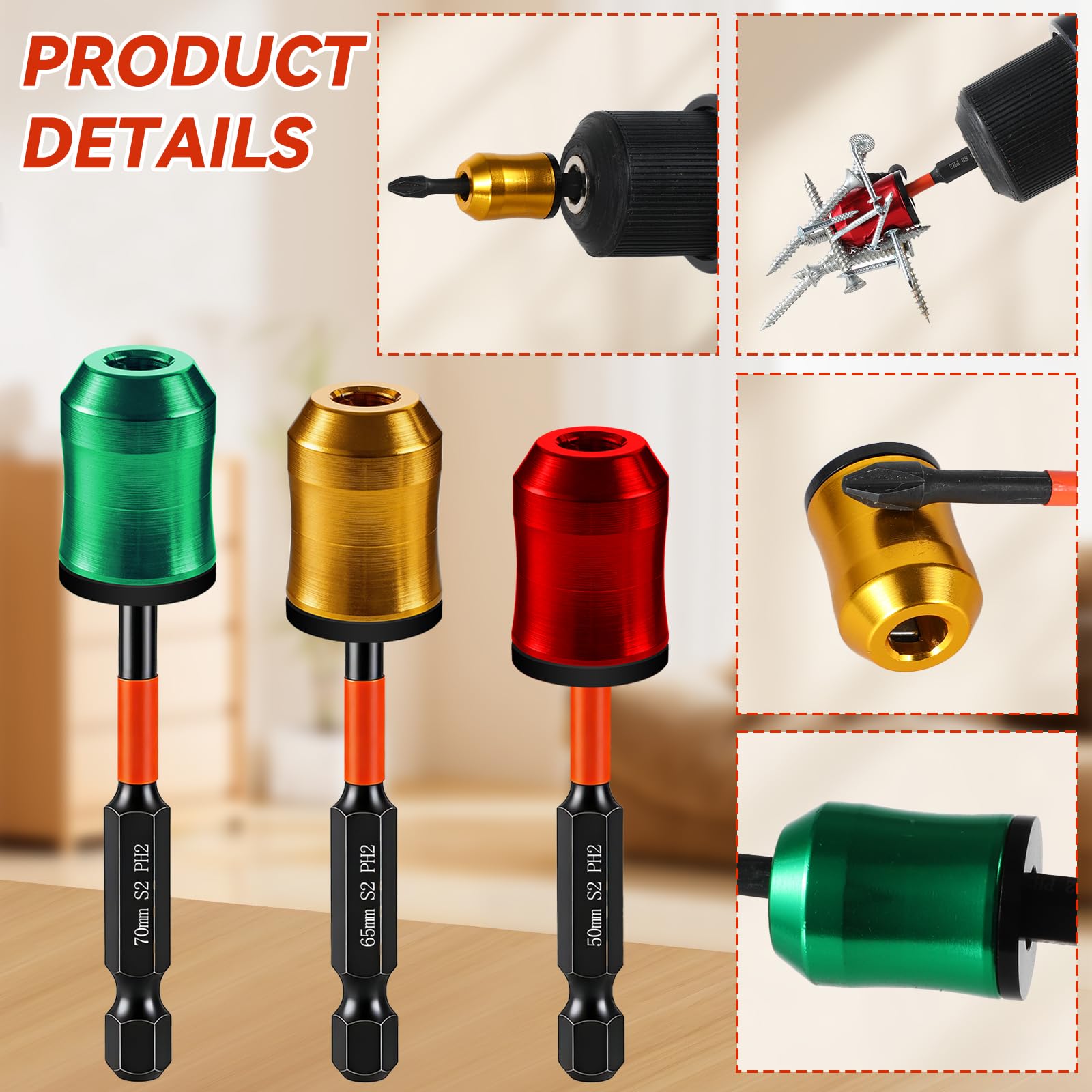 Set di 6 robusti anelli magnetici a vite con set di punte per cacciavite PH2, design antiscivolo, anello magnetico per cacciavite esagonale e punte elettriche, strumento domestico rimovibile per