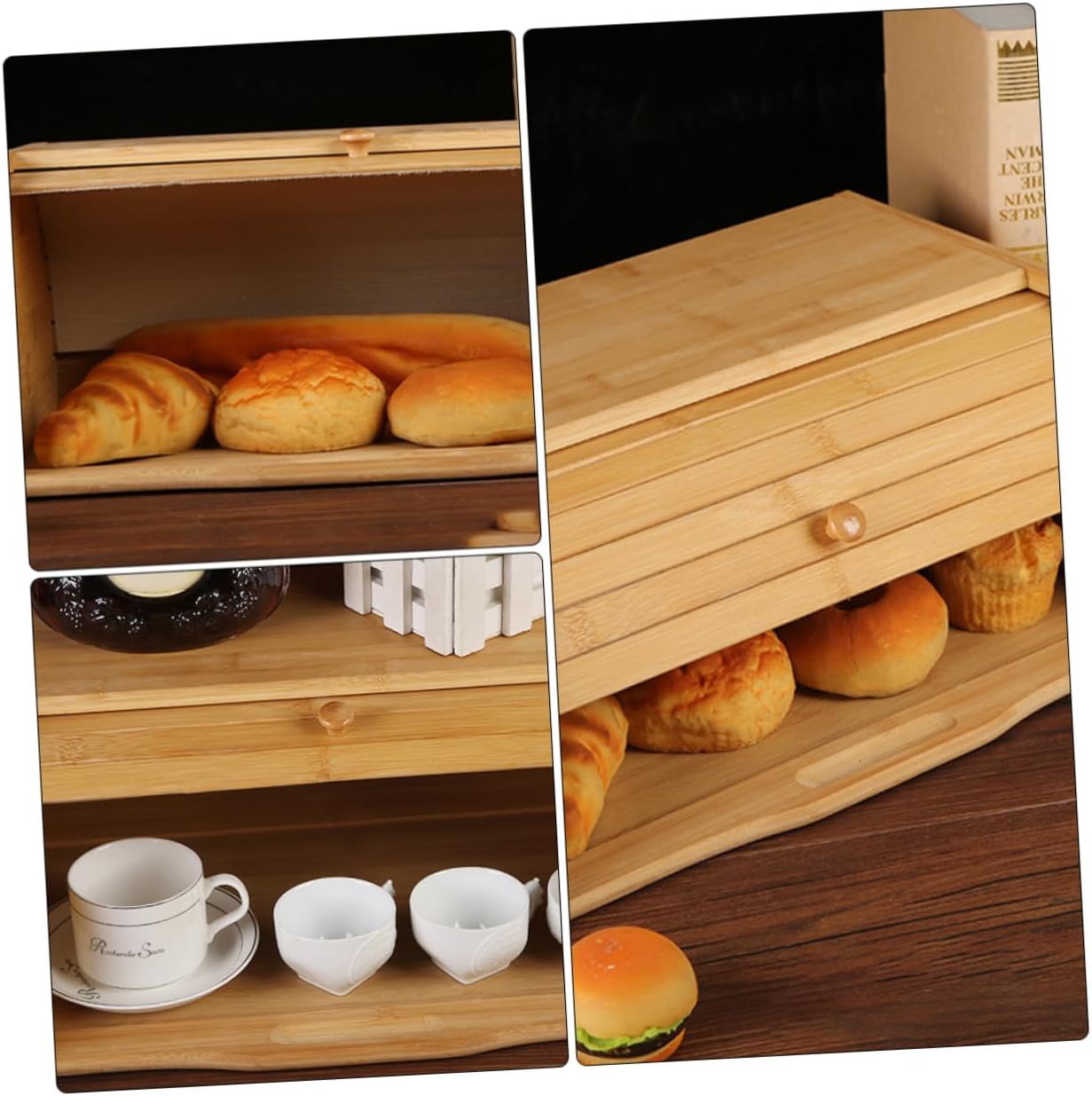 TOYANDONA Wood Bread Box Lid Storage Container Bread Basket for Kitchen Countertop Home Use