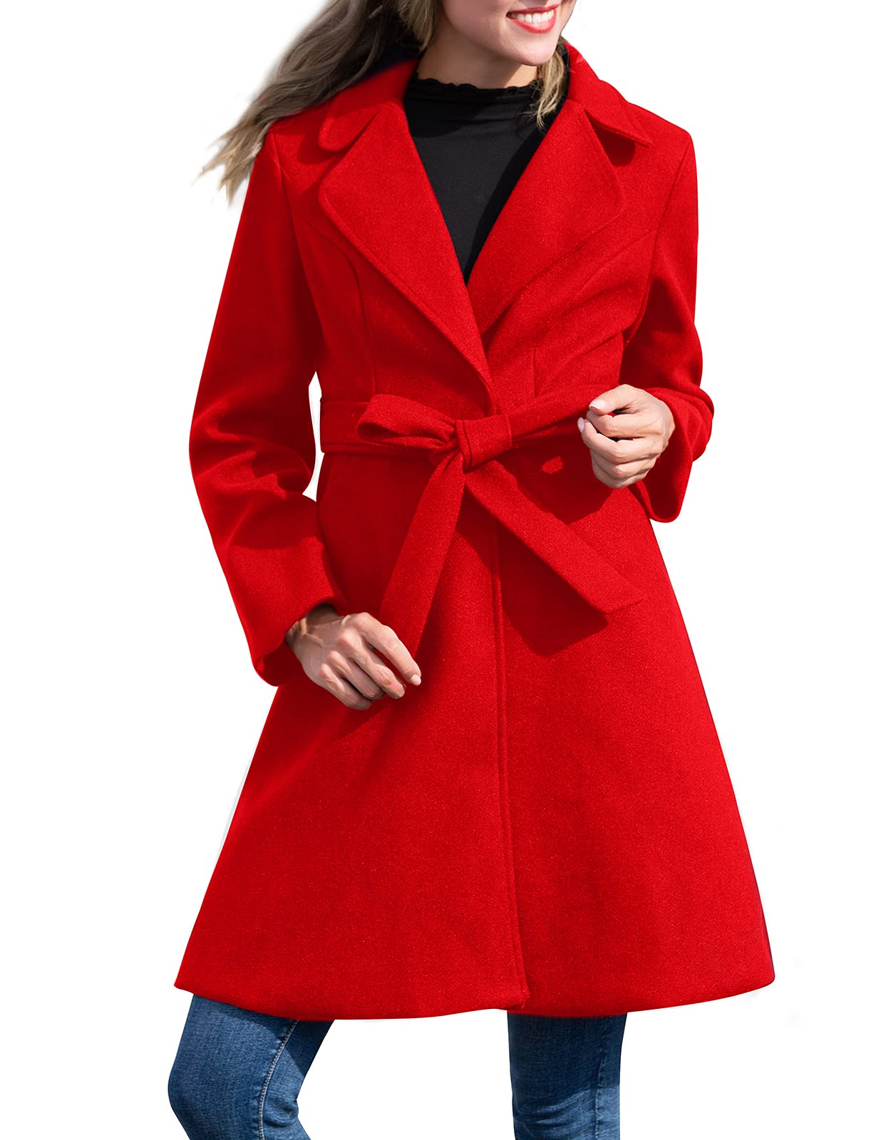 Kate Kasin Abrigo de mujer con cinturón de mezcla de lana para mujer, Rojo, Large