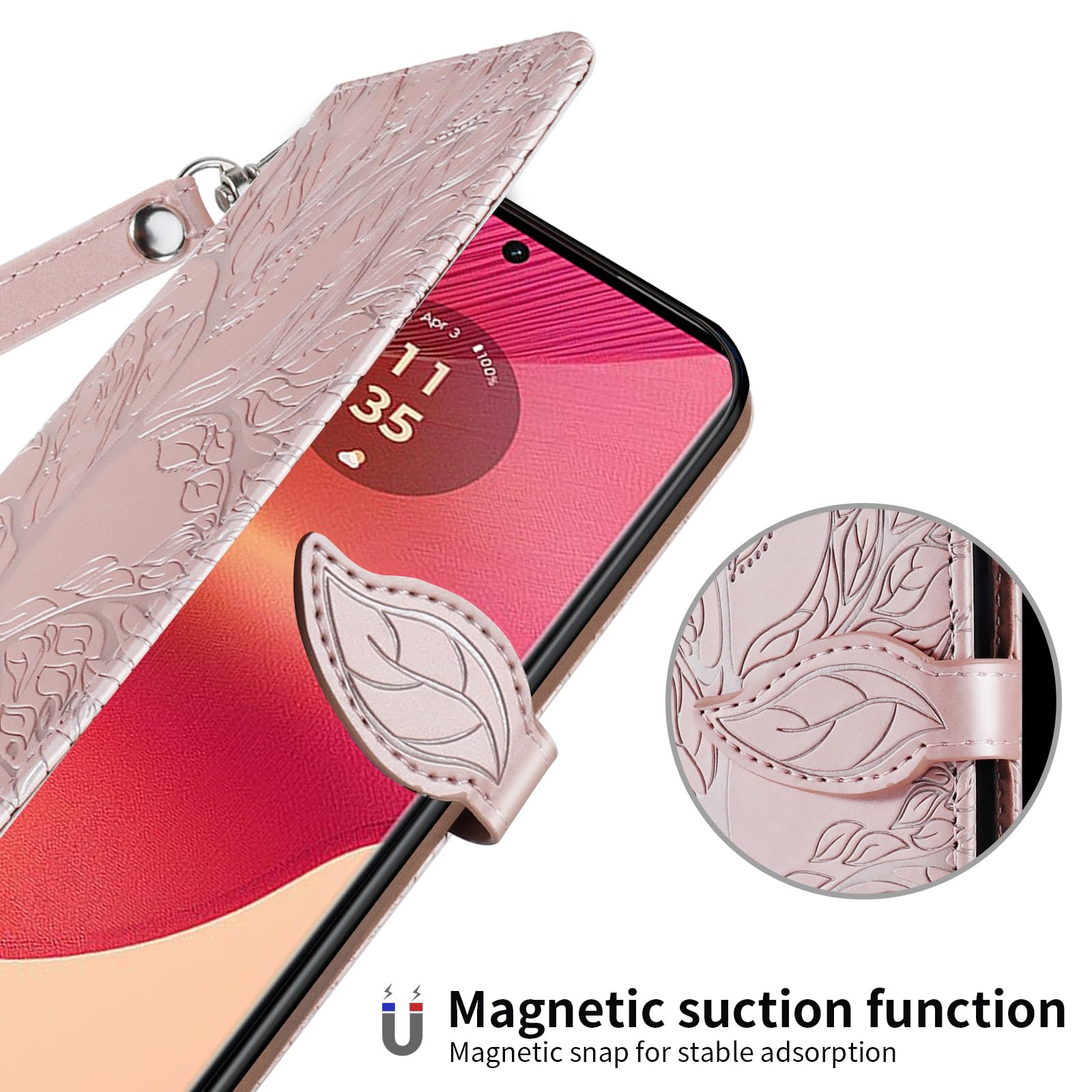 Rostsant Rose Gold Tree PU Leather TPU Silicone Motorola Edge 50 Fusion Flip Case Wallet Case Cover with Stand Function and Card Slot - Image 2