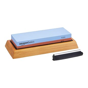 Amazon Basics Whetstone for Knife Sharpening with Water 400/1000 Grit on Both Sides Non-Slip Bamboo Base Black/Grey 18cm x 6.1cm x 2.8cm