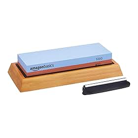 Amazon Basics Pedra úmida de amolar para afiar facas, gramatura dupla face, 400/1000, antiderrapante, 1 peça, base de bambu, preto e cinza