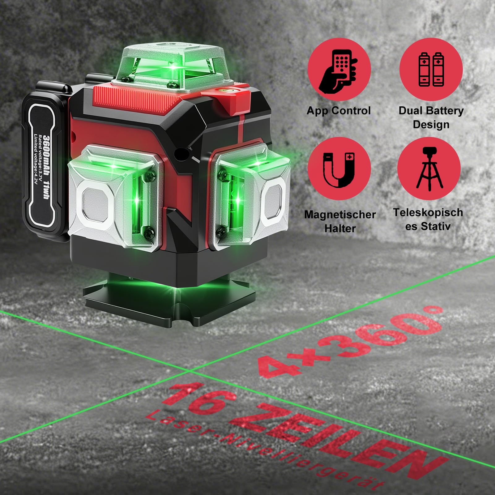 Kreuzlinienlaser Grün 16 Linien Nivellierlaser mit Stativ, 4 x 360 ° Laser Wasserwaage, Baulaser Kreuzlaser Linienlaser mit 3 x 3600mAh Batterie, Selbstnivellierend/APP/Fernbedienung/IP54/Typ C
