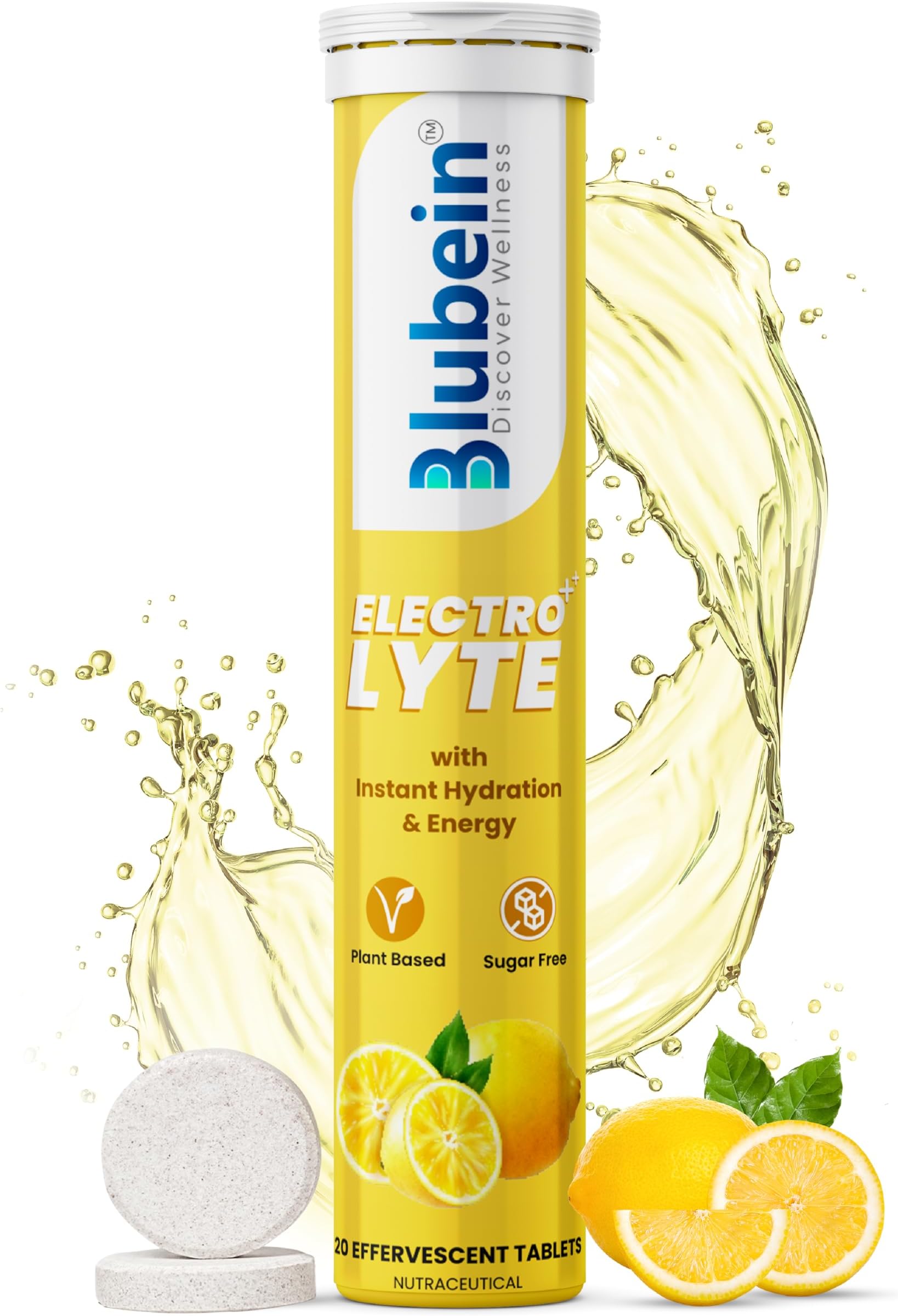 Blubein Electrolyte ++ Effervescent tablets | Instant Hydration | Energy Booster| Pack of 1 | 20 Tablets (Lemon)