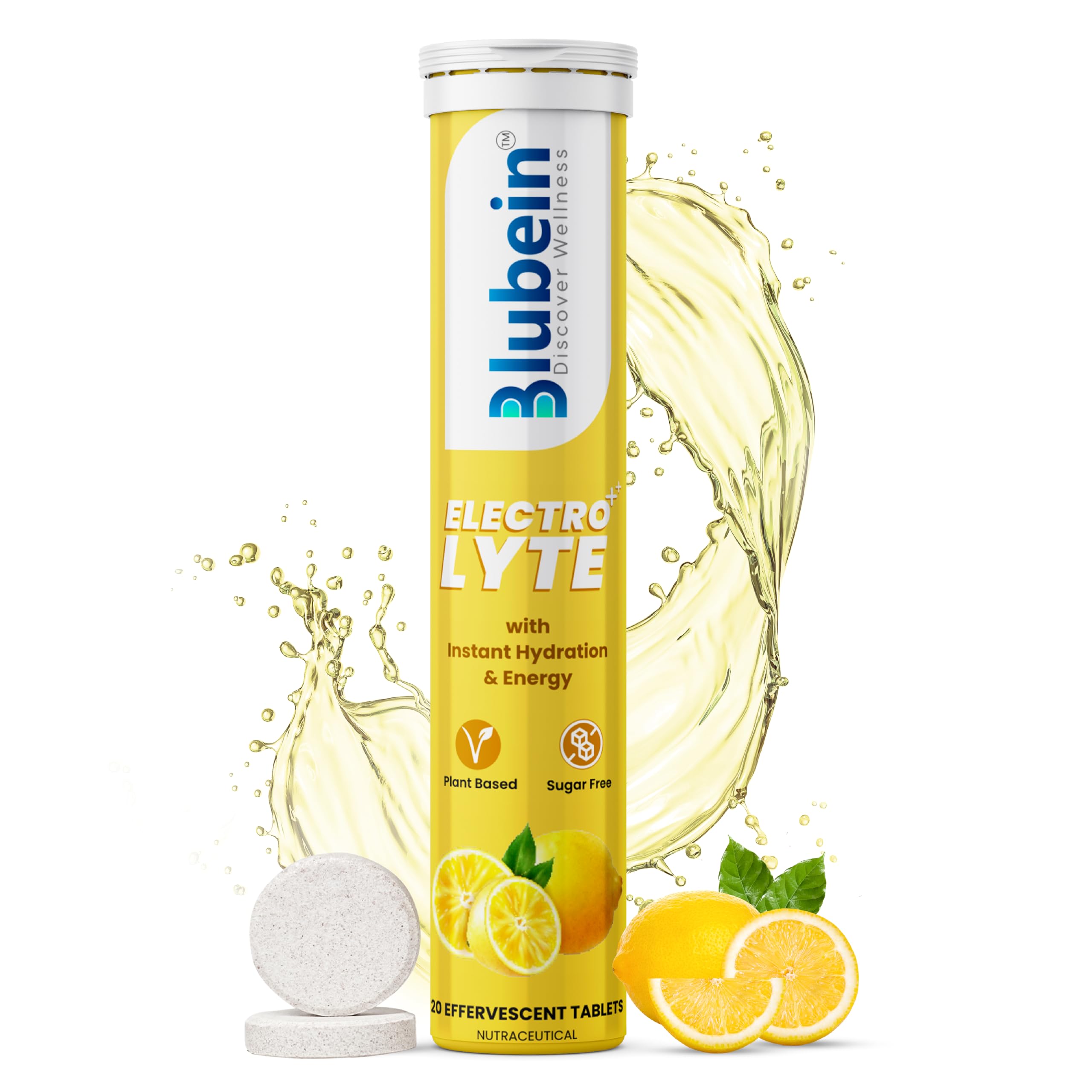 Blubein Electrolyte ++ Effervescent tablets | Instant Hydration | Energy Booster| Pack of 1 | 20 Tablets (Lemon)