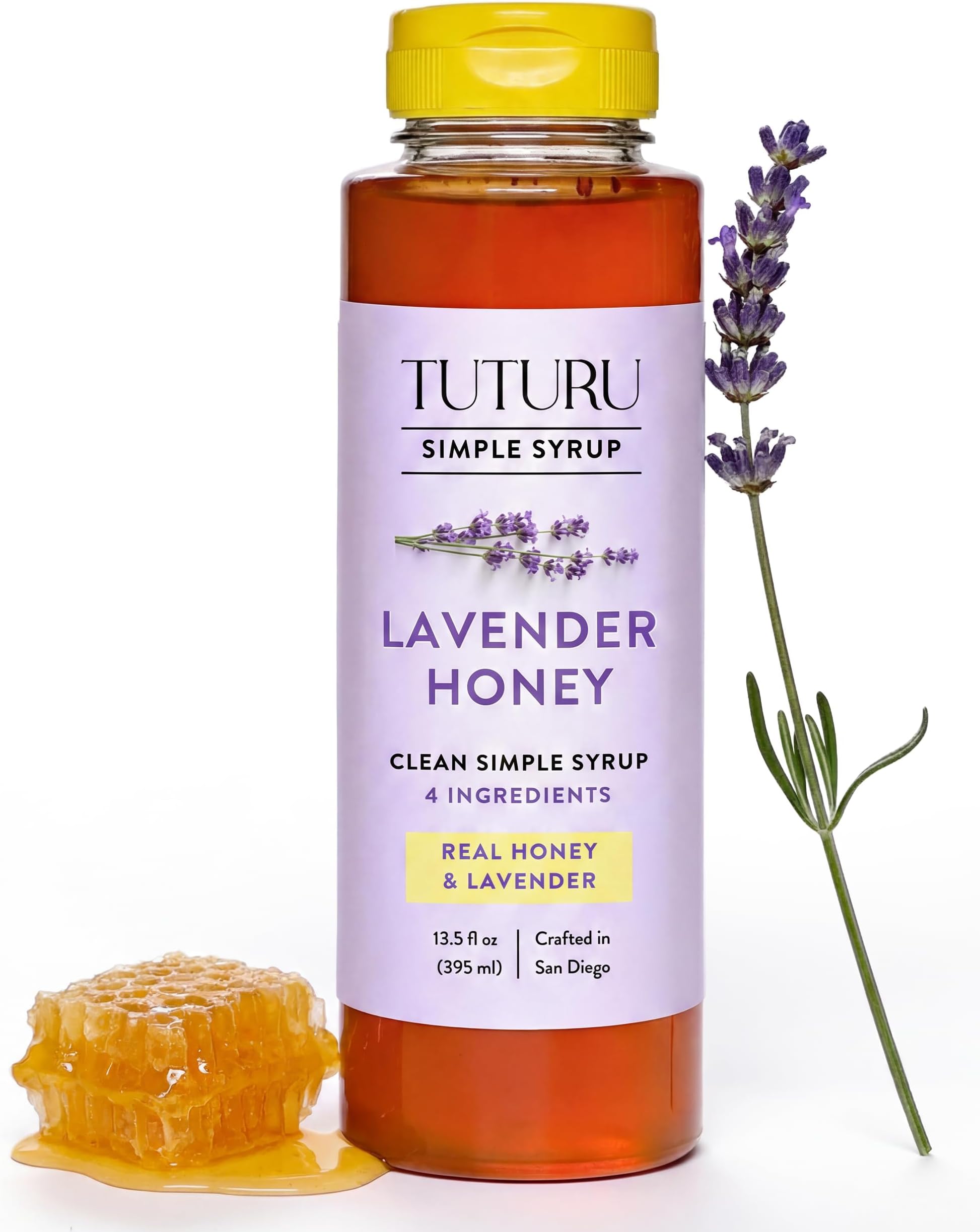 Lavender Honey Simple Syrup for Coffee, Cocktails, Tea, Matcha - Clean Simple Syrup with Real Lavender & Honey - 13.5 oz