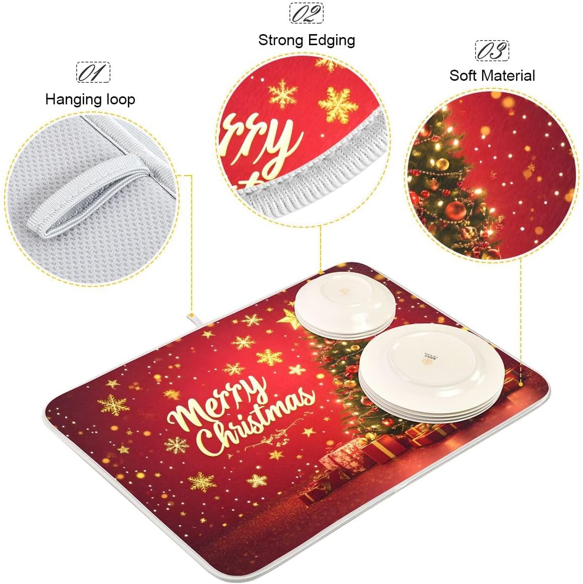 Golden Stars Christmas Tree Dish Drying Mat 18x24 Absorbent Dishes Pad Dish Drainer Mat Protector for Kitchen Fast Dry