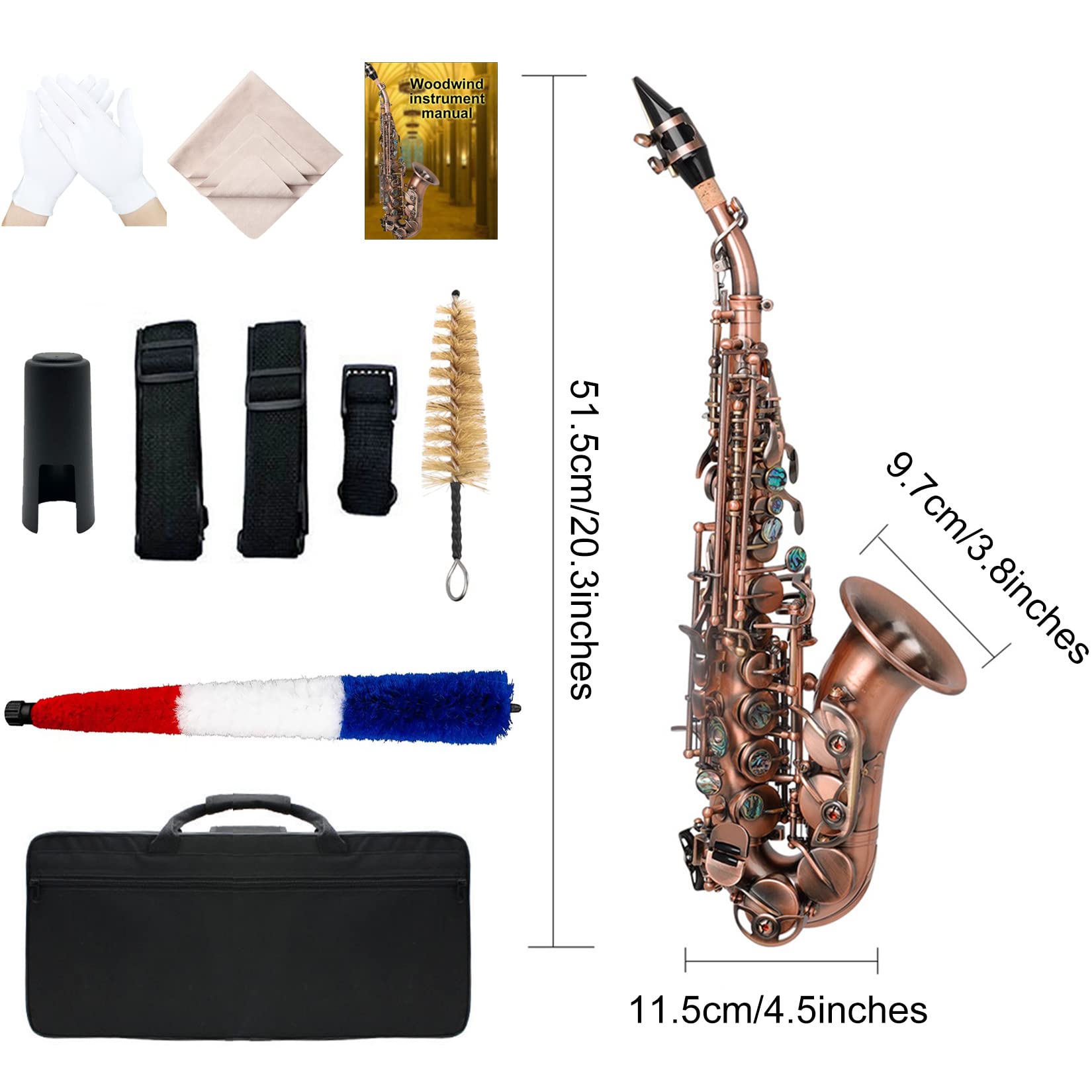 BOTOWI Sassofono Soprano Curvo BB Flat Sax Soprano Sax Full Kit con Custodia per Trasporto, Strumenti a Fiato per Principianti Studenti Intermedi,Incisione Ottone di qualità, Suono Splendidoa