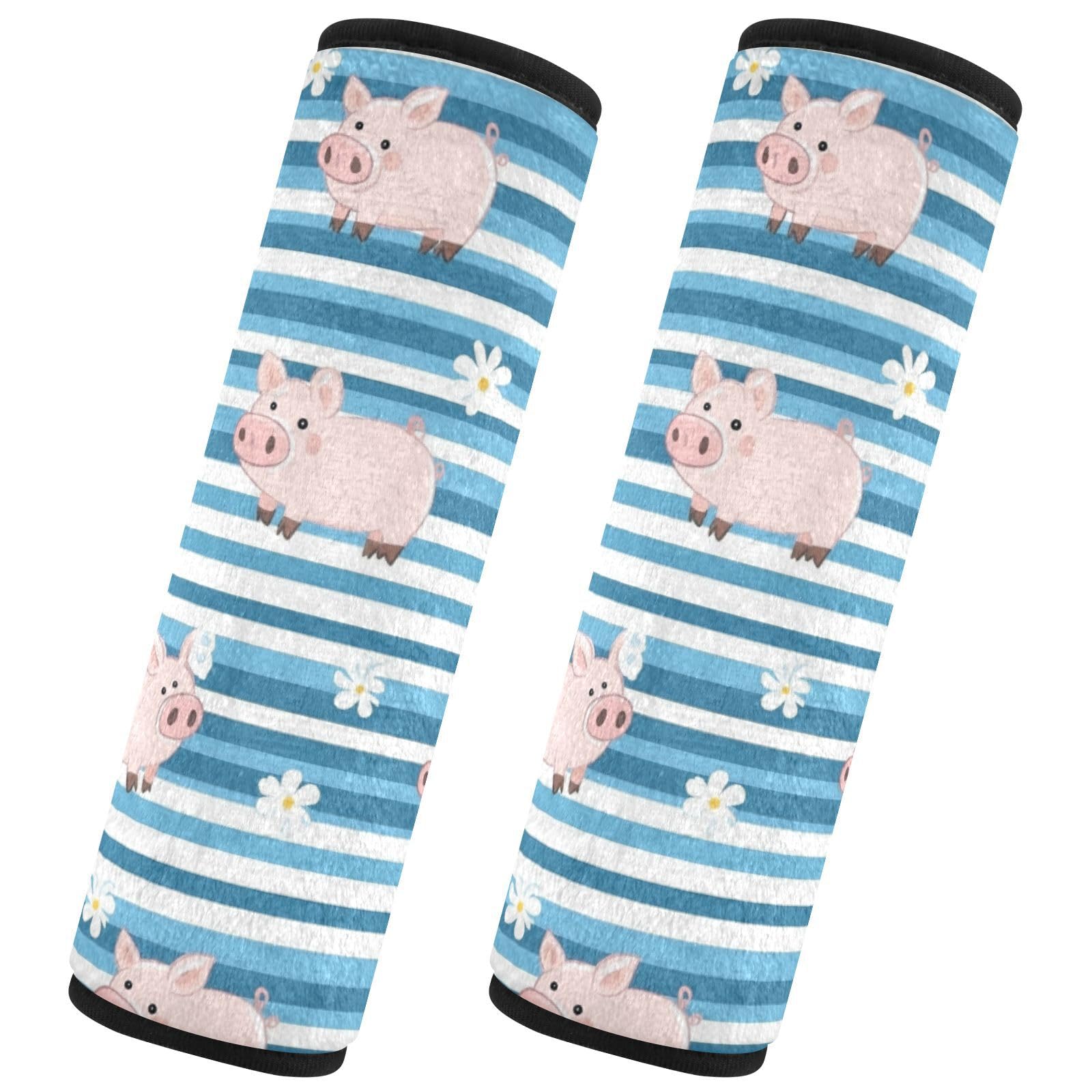 Seat Belt Covers 2 Pack Cute Pink Pig Car Seat Strap Covers Super Soft Blue Stripe Car Seat Neck Cover for Boys Girls Adults Babies M