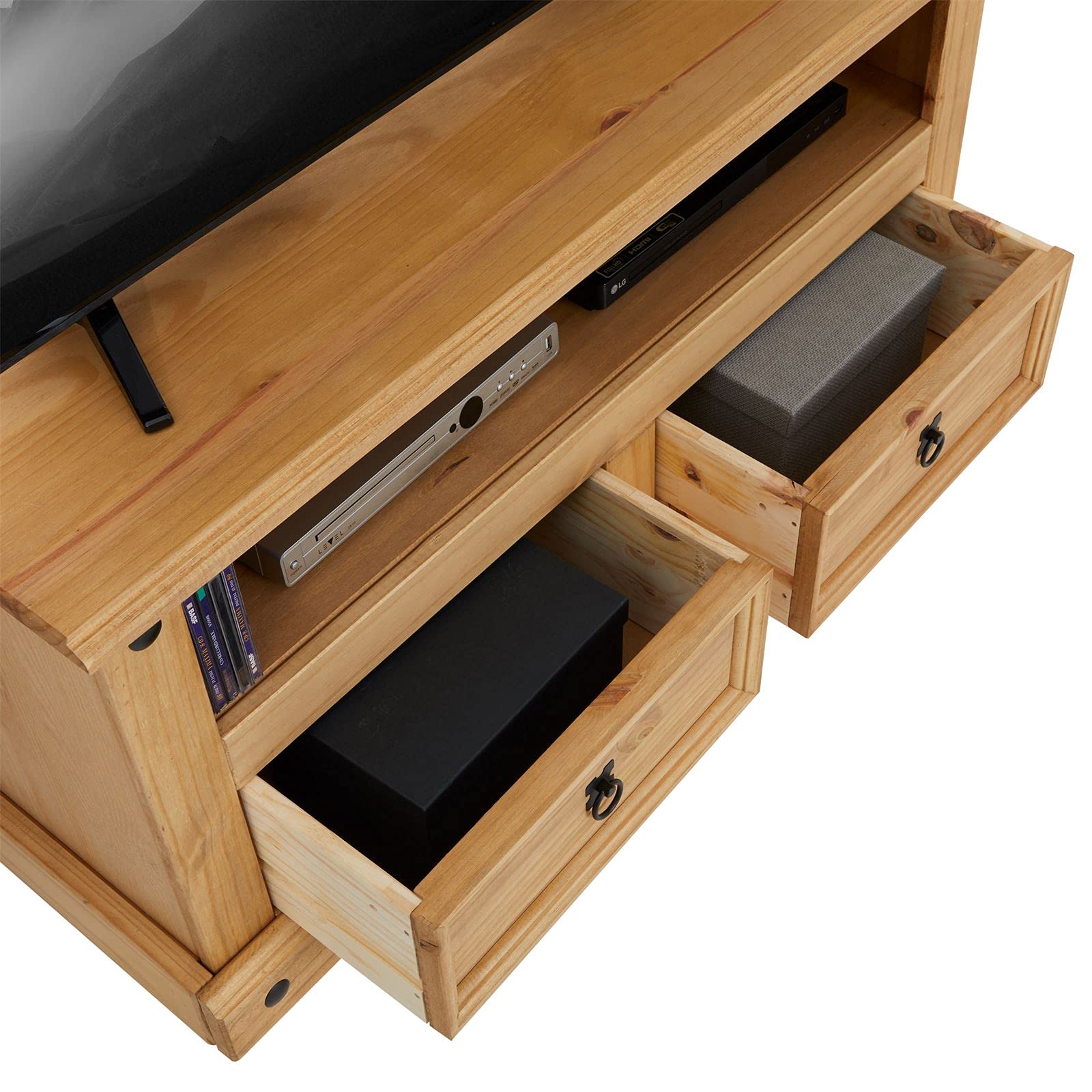 TV Lowboard Salsa 110 cm Fernsehtisch Mexiko Möbel Kiefer massiv gebeizt und gewachst, 2 Schubladen, 1 offenes Fach