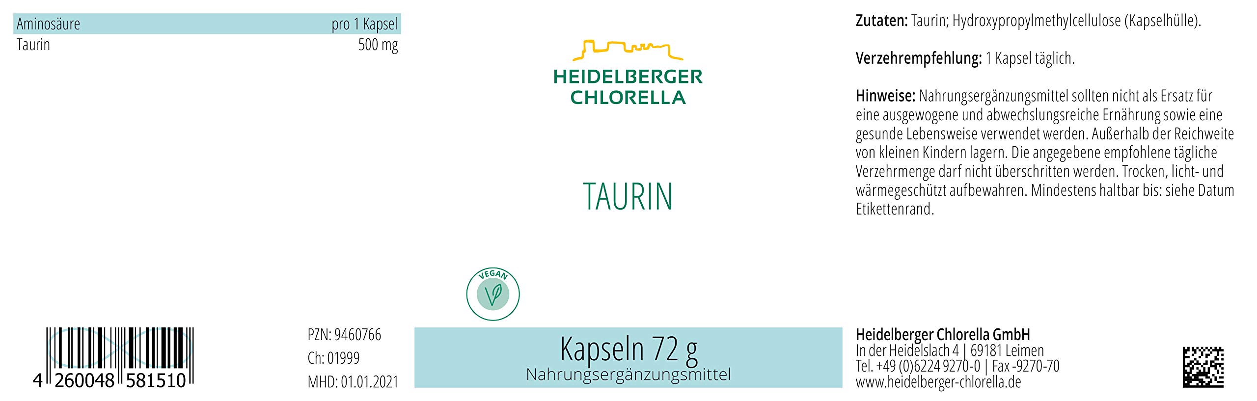 Heidelberger Chlorella – Taurin Kapseln, vegan, körpereigene Aminosulfonsäure, hochdosiert und rein, gute Bioverfügbarkeit, hergestellt in Deutschland, 72 g, 120 Kapseln