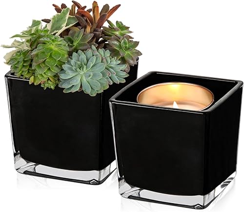 Miniatura 1 de Jarrón cuadrado de cristal, 4 x 4 pulgadas, color negro, maceta floral para hogar, fiesta, evento, boda, portavelas, juego de 2