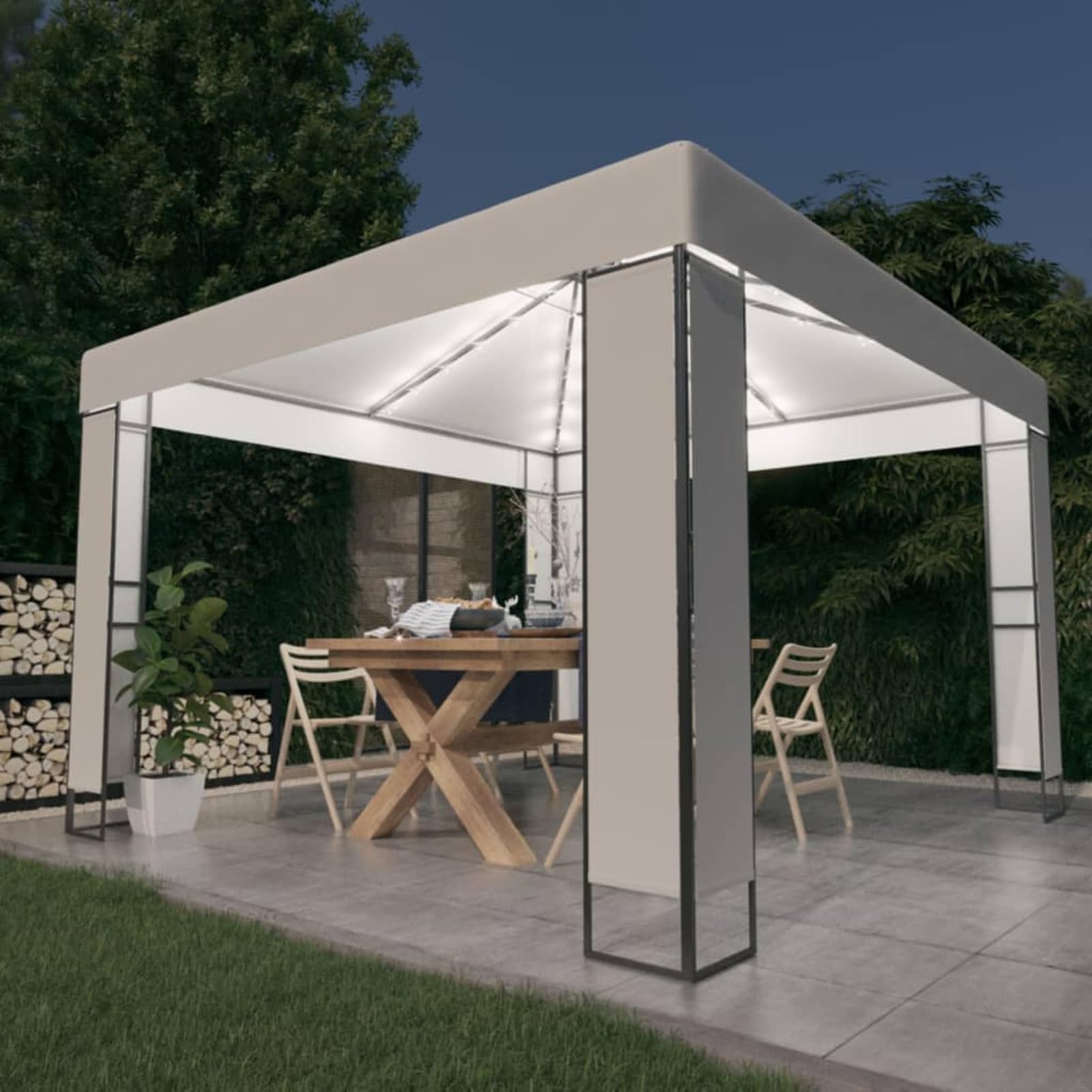 ARKEM Gazebo con Tetto Doppio e Stringa di Luci LED 3x3 m Bianco,Gazebo Pergola Con Telo Impermeabile Richiudibile E Struttura Rettangolare In Acciaio Inossidabile Ad Alta Densità, Per Arredo Giardino