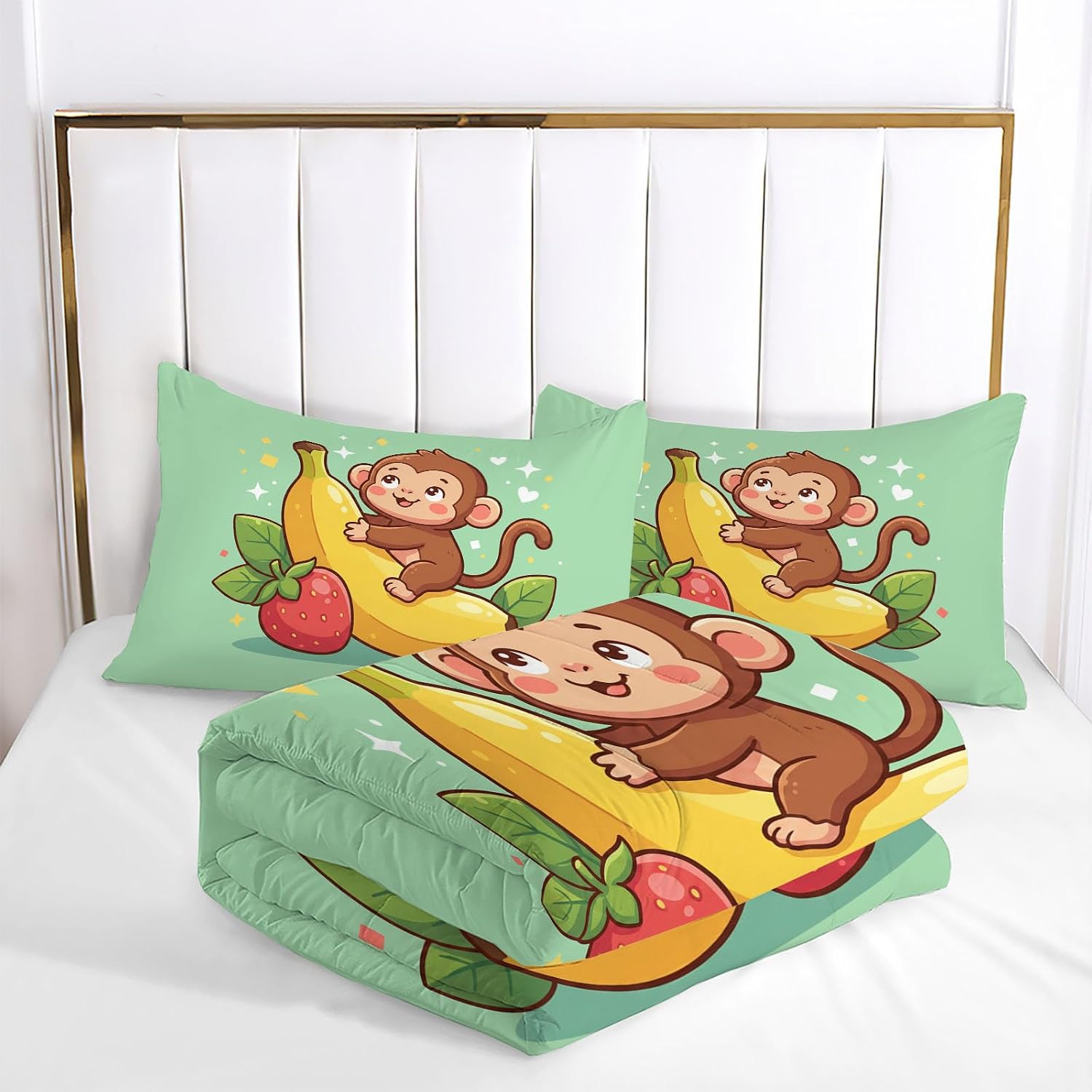 Cute Animation Comforter Set King Size, Cartoon Monkey Bedding Set for Girls Boys, Blue Quilt Bed 104"X90" Bedding Comforter Sets with 2 Pillowcase Room Decor