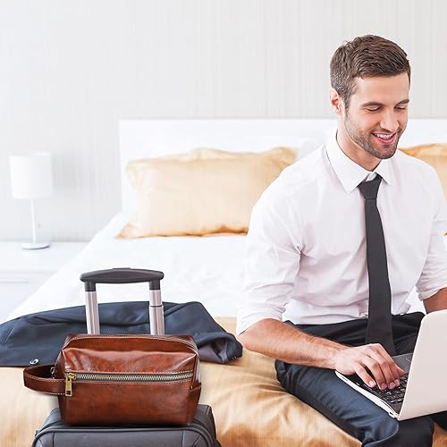 Miniatura 6 de Hillban 10 piezas de regalo de padrinos de boda bolsa de aseo de cuero para hombre, kit de afeitado de viaje, bolsa de baño, maquillaje, suministros