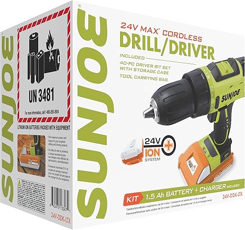 Miniatura 2 de Sun Joe 24V-DDK-LTX 24V IONMAX Kit de taladro inalámbrico de 2 velocidades, con batería de 1.5 Ah y cargador, bandeja de tornillo magnética, nivel