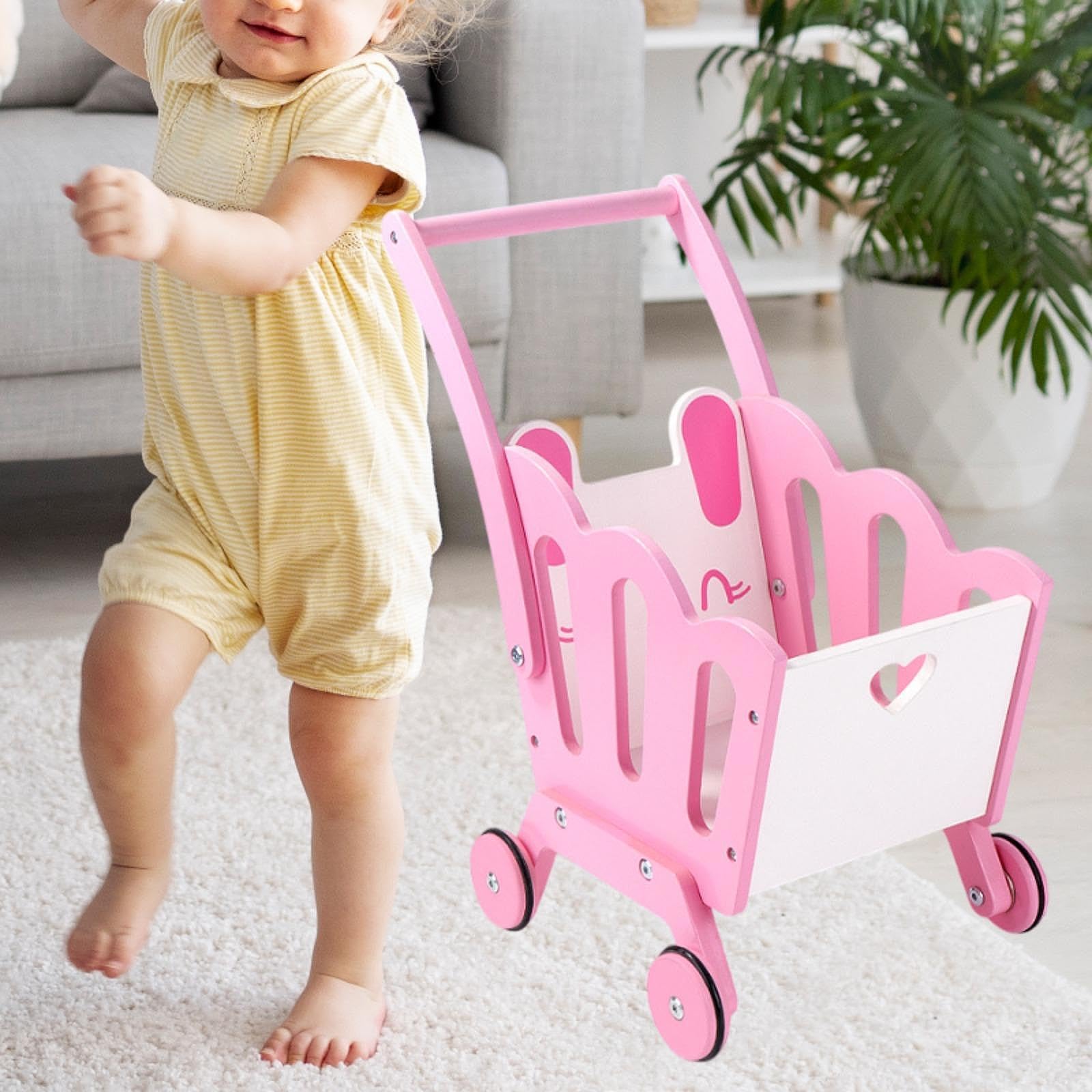 Carrello della Spesa per Bambini, Passeggino, Set per Giochi di Ruolo, Cibo Giocattolo in Legno, Carrello della Spesa per I più Piccoli, Rosa